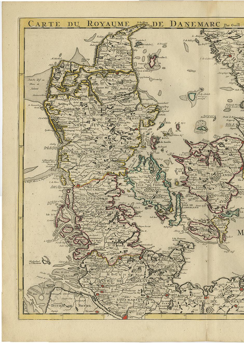 Carte ancienne du Danemark par Covens &amp; Mortier, 1730 Bon état - En vente à Langweer, NL