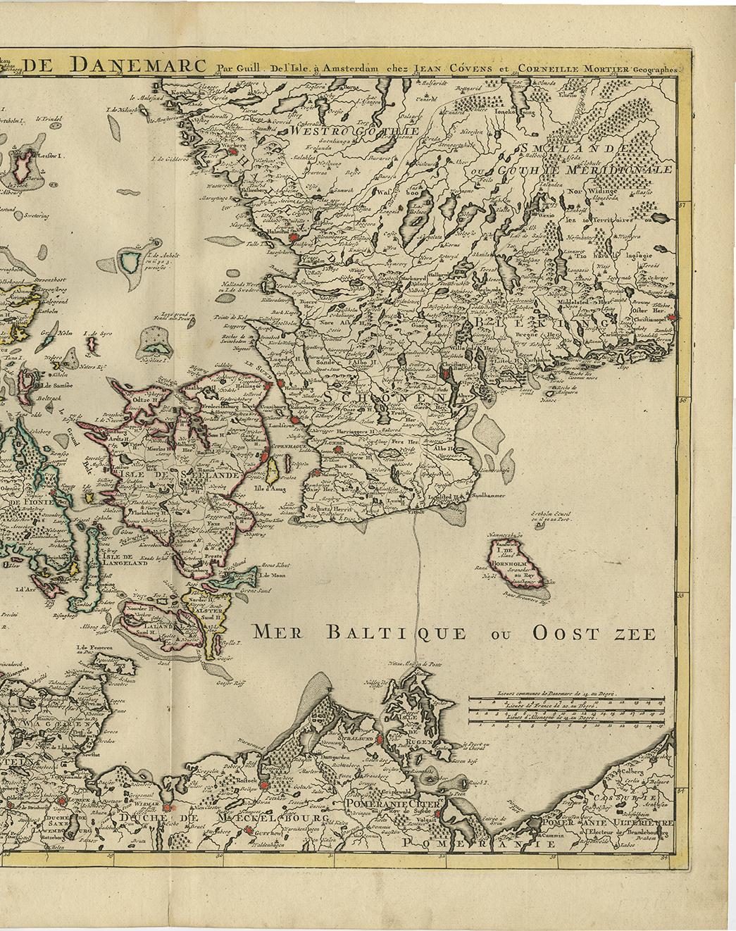 XVIIIe siècle Carte ancienne du Danemark par Covens &amp; Mortier, 1730 en vente