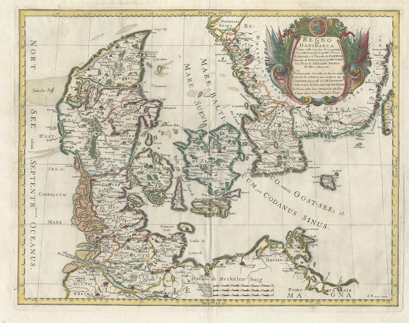 Antique map of Denmark titled 'Regno di Danimarca'. Old map of Denmark showing Jutland, Funen, Zealand, Lolland-Falster, Bornholm, etc. This map was engraved by S. Roges and published by Giovanni Giacomo de Rossi (1697).