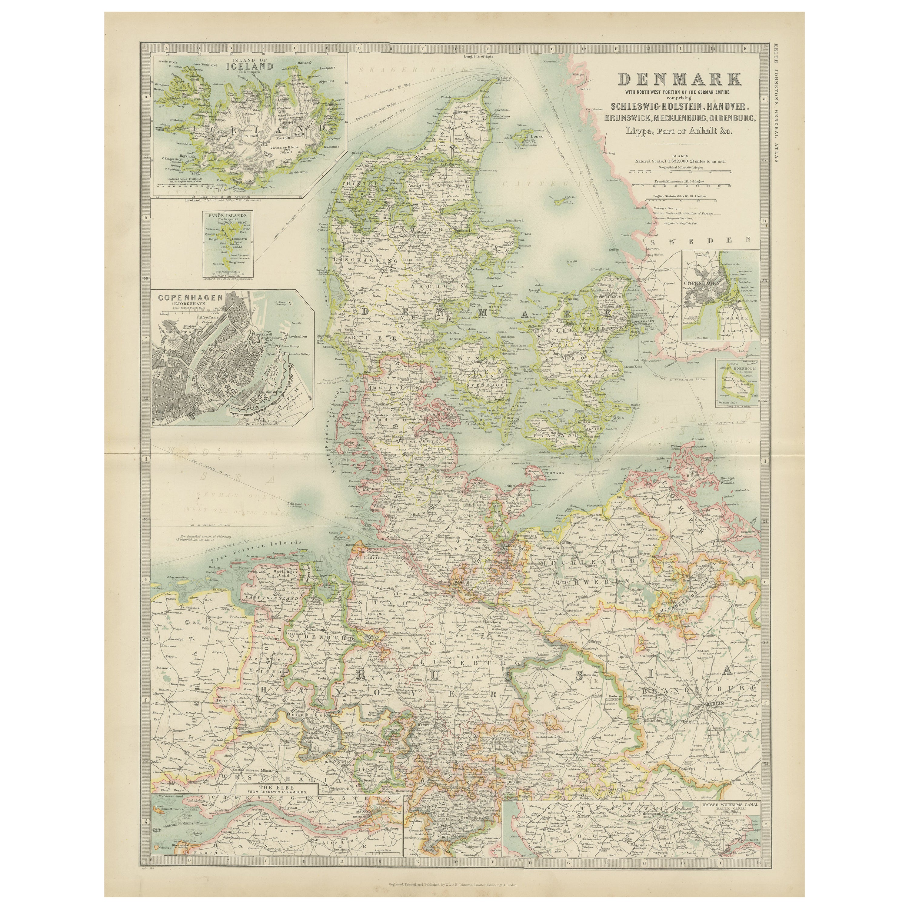 Carte ancienne du Danemark par Johnston '1909'