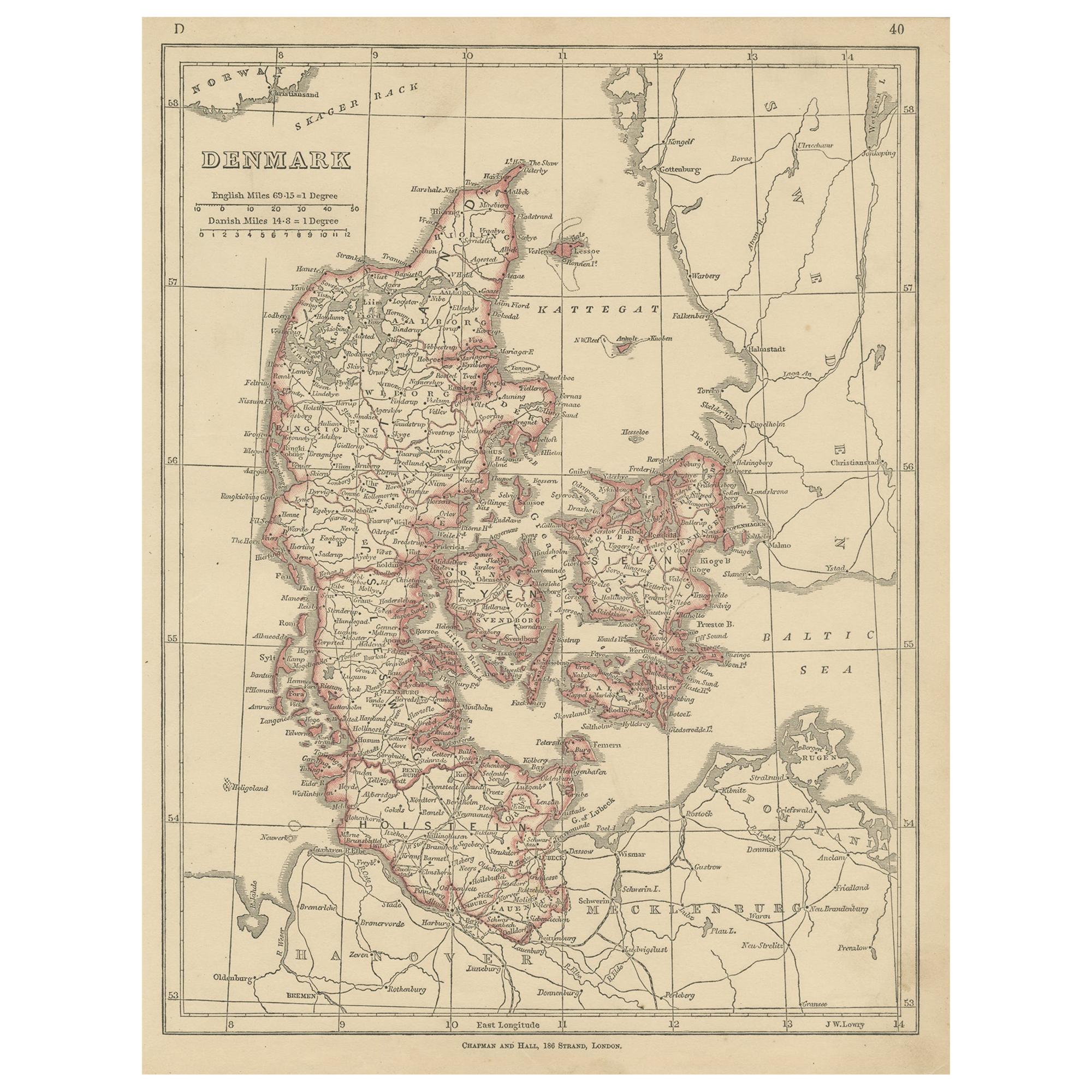 Antique Map of Denmark by Lowry, 1852 For Sale