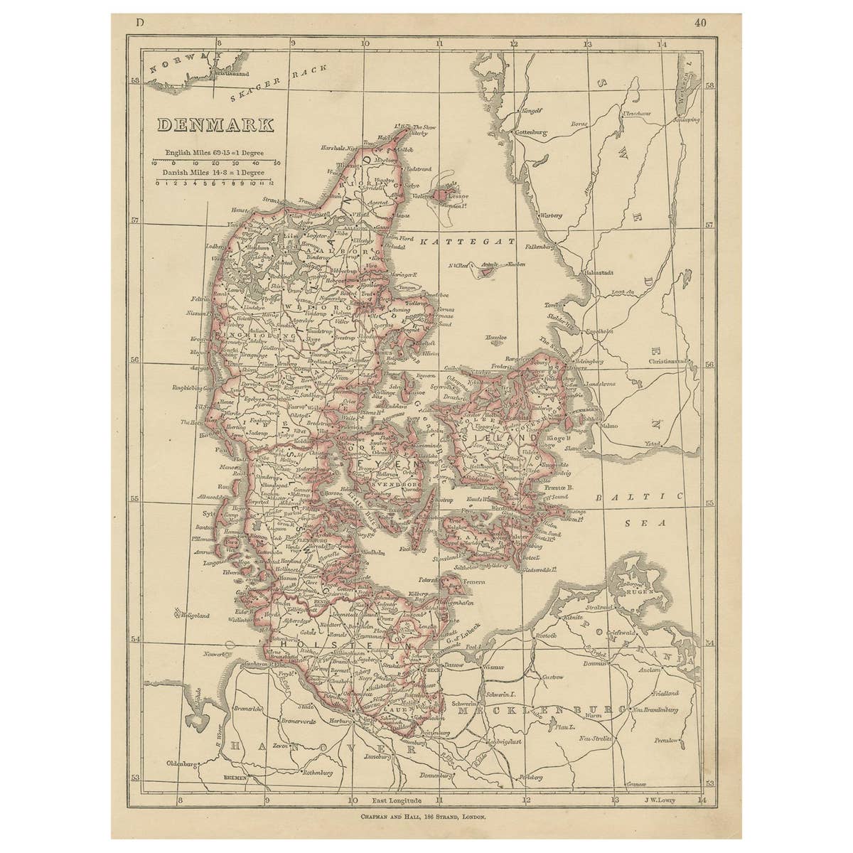Antique Map of Denmark by Lowry, 1852