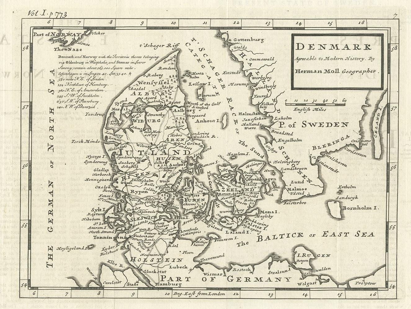 Antique map titled 'Denmark, agreeable to Modern History'. Uncommon map of Denmark by Herman Moll, published, circa 1730.