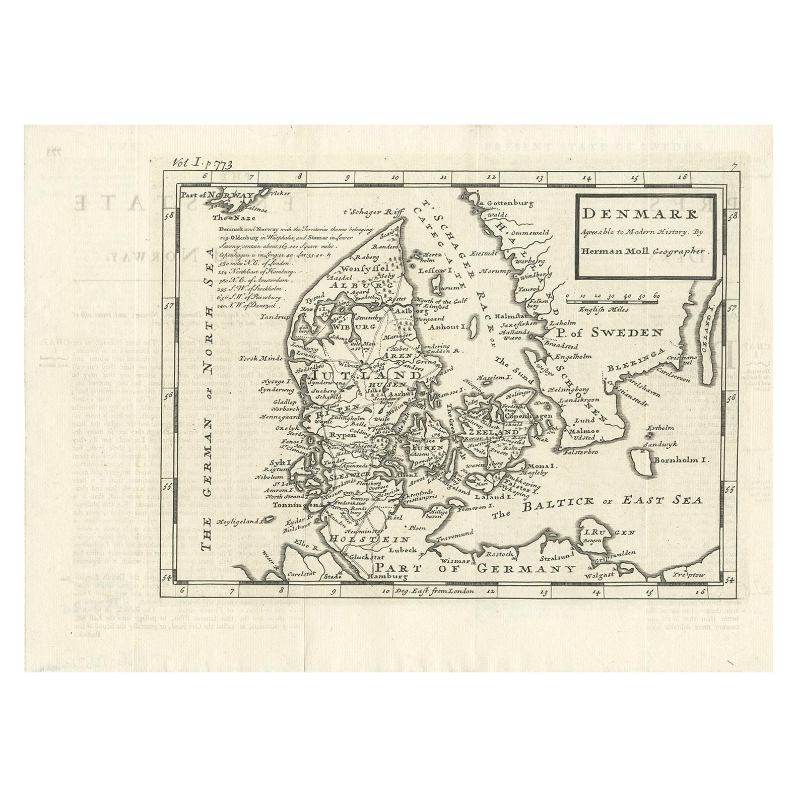 Antique Map of Denmark by Moll 'circa 1730' For Sale