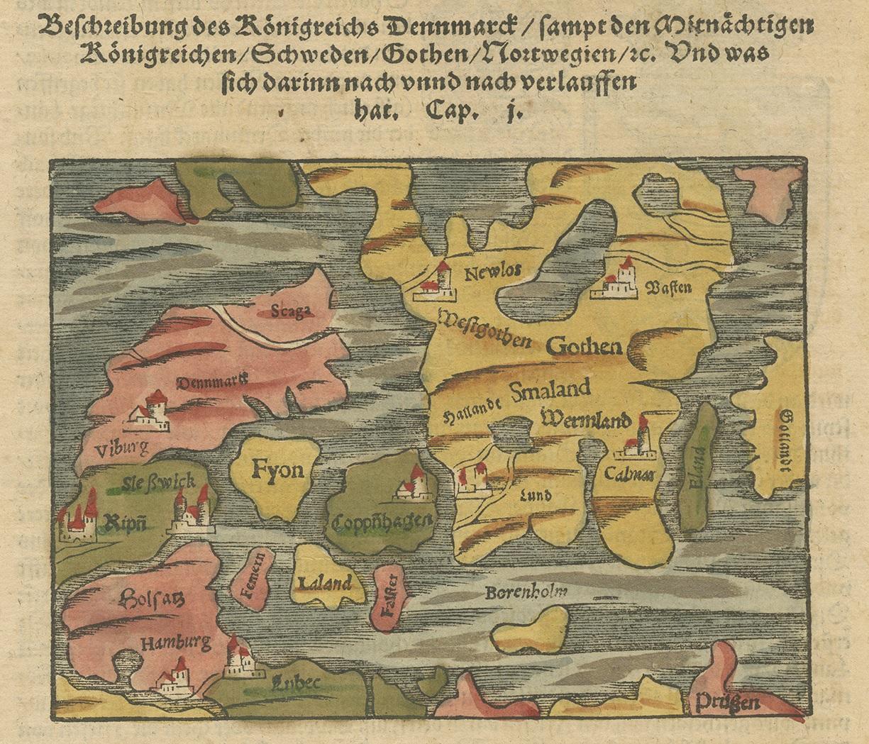 Antique map titled 'Beschreibung des Königreichs Dennmarck (..)'. Early map of Denmark. This map originates from 'Cosmographey Oder beschreibung Aller Länder (..)' by Sebastian Münster.