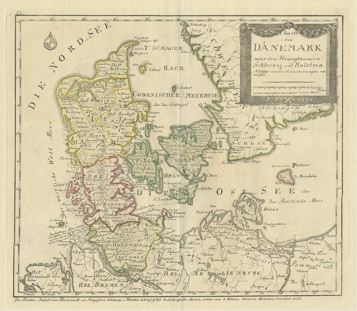 Antique map titled 'Charte von Daenemark nebst den Herzogthumern Schleswig und Holstein'. Rare and uncommon map of Denmark. Source unknown, to be determined. Published circa 1800.