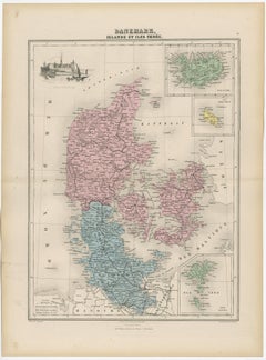 Antique Map of Denmark, Iceland and the Faroe Islands by Migeon, 1880