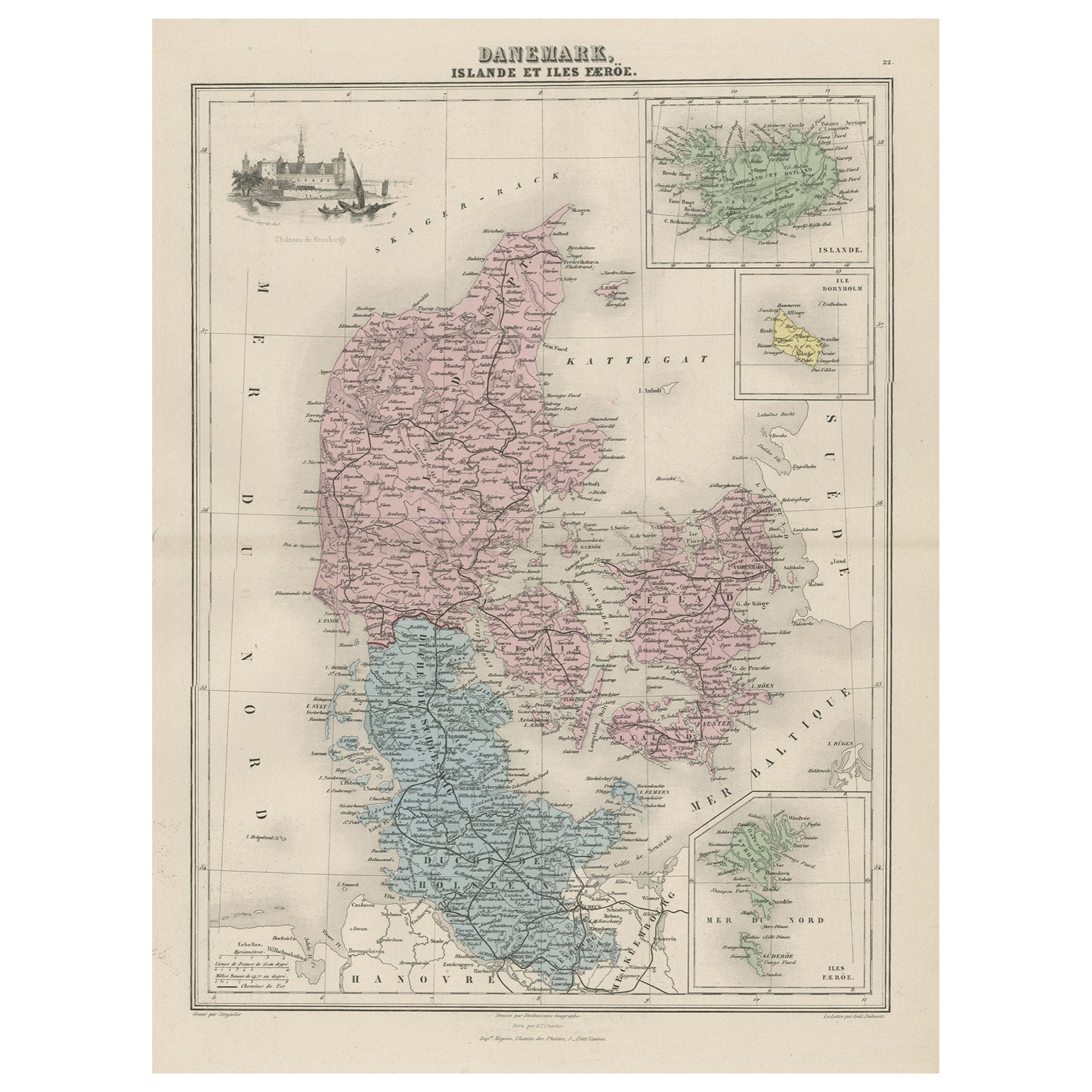 Carte ancienne du Danemark, de l'Islande et des îles Faroe par Migeon, 1880 en vente