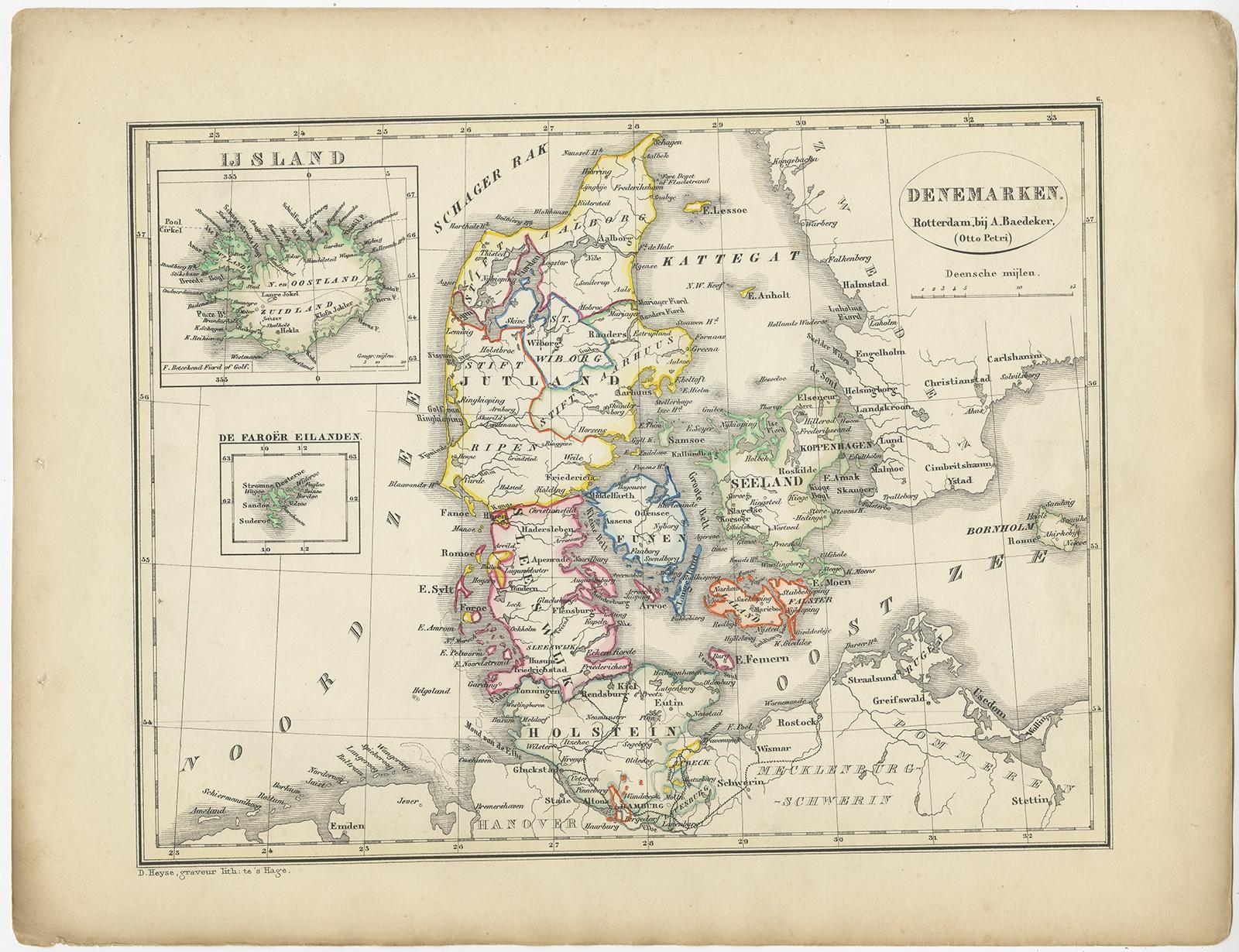 Antique map titled 'Denemarken'. Map of Denmark, with a small inset map of Iceland. This map originates from 'School-Atlas van alle deelen der Aarde' by Otto Petri. 

Artists and Engravers: Published by A. Baedeker (Otto Petri).

Condition: