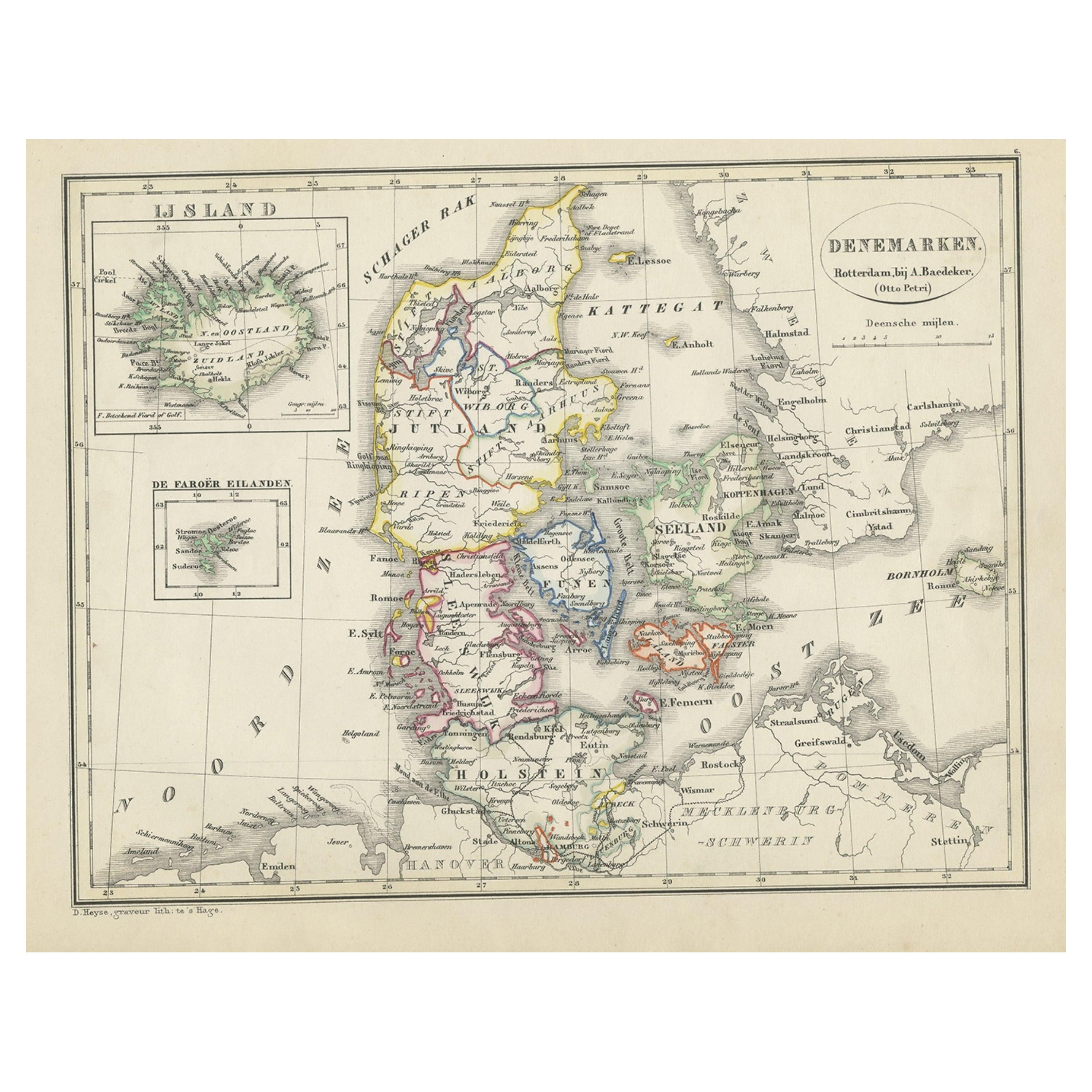Mapa antiguo de Dinamarca con un recuadro de Islandia, 1852