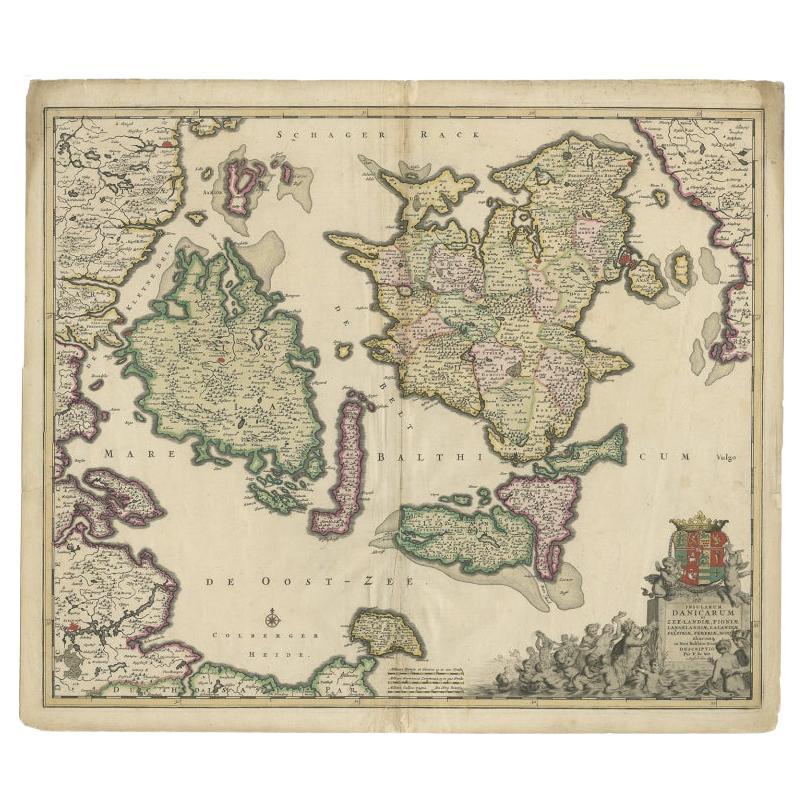 Antique Map of Denmark with Details of Fortresses, Cities, Towns Etc, c.1680 For Sale