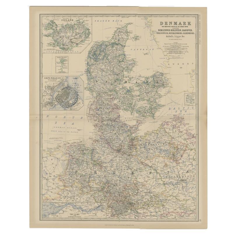 Antique Map of Denmark with Inset Maps of Iceland, Copenhagen and the Elbe, 1882 For Sale
