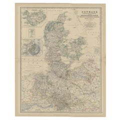 Antique Map of Denmark with Inset Maps of Iceland, Copenhagen and the Elbe, 1882