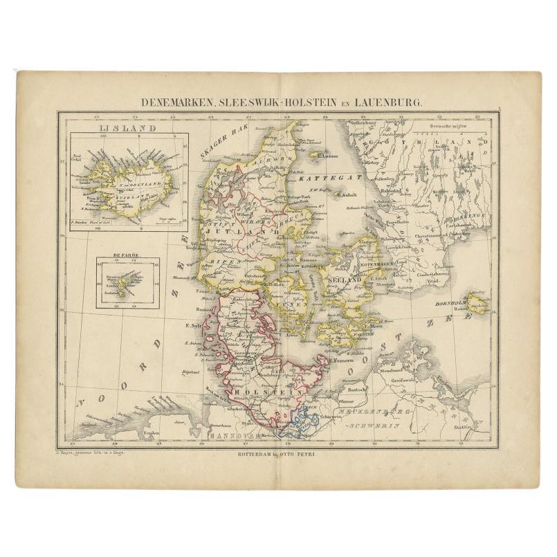 Antike Karte von Dänemark mit Einsätzen von Island und den Färöern, um 1873