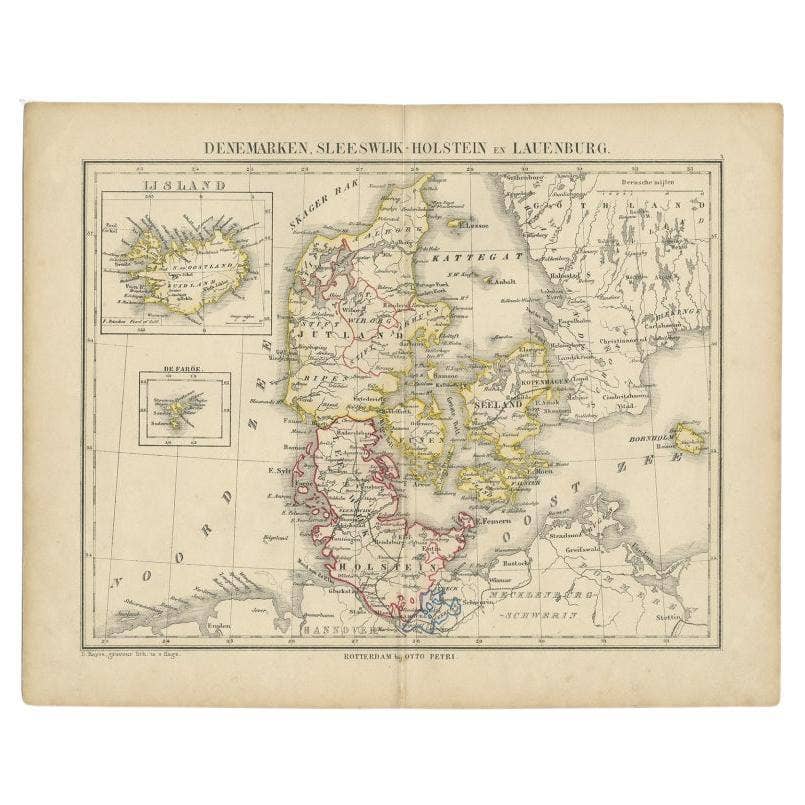 Antique Map of Denmark with Insets of Iceland and the Faroe Islands, c.1873