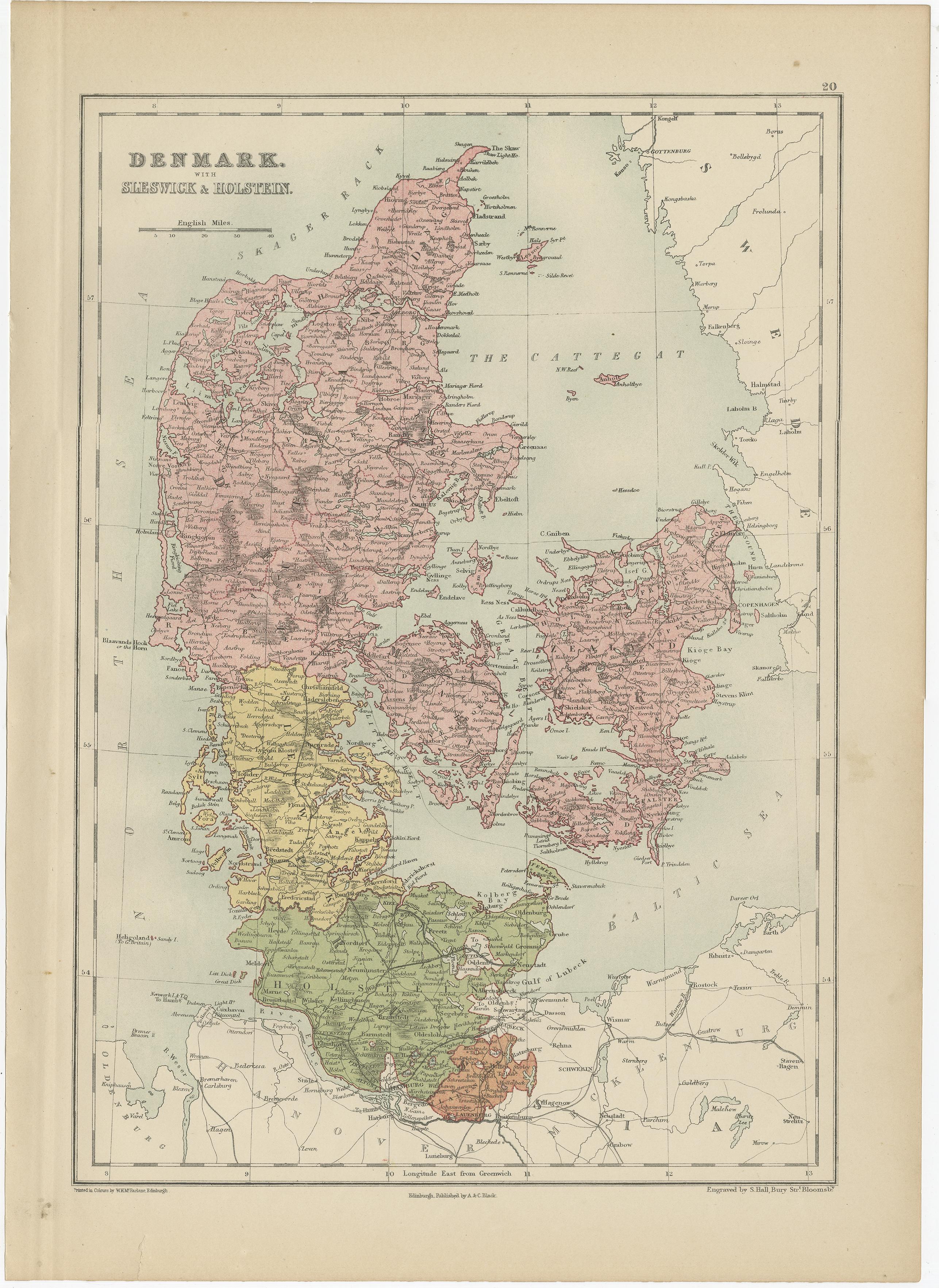 Antique map titled 'Denmark with Schleswig & Holstein'. Original antique map of Denmark with Schleswig & Holstein. This map originates from ‘Black's General Atlas of The World’. Published by A & C. Black, 1870.