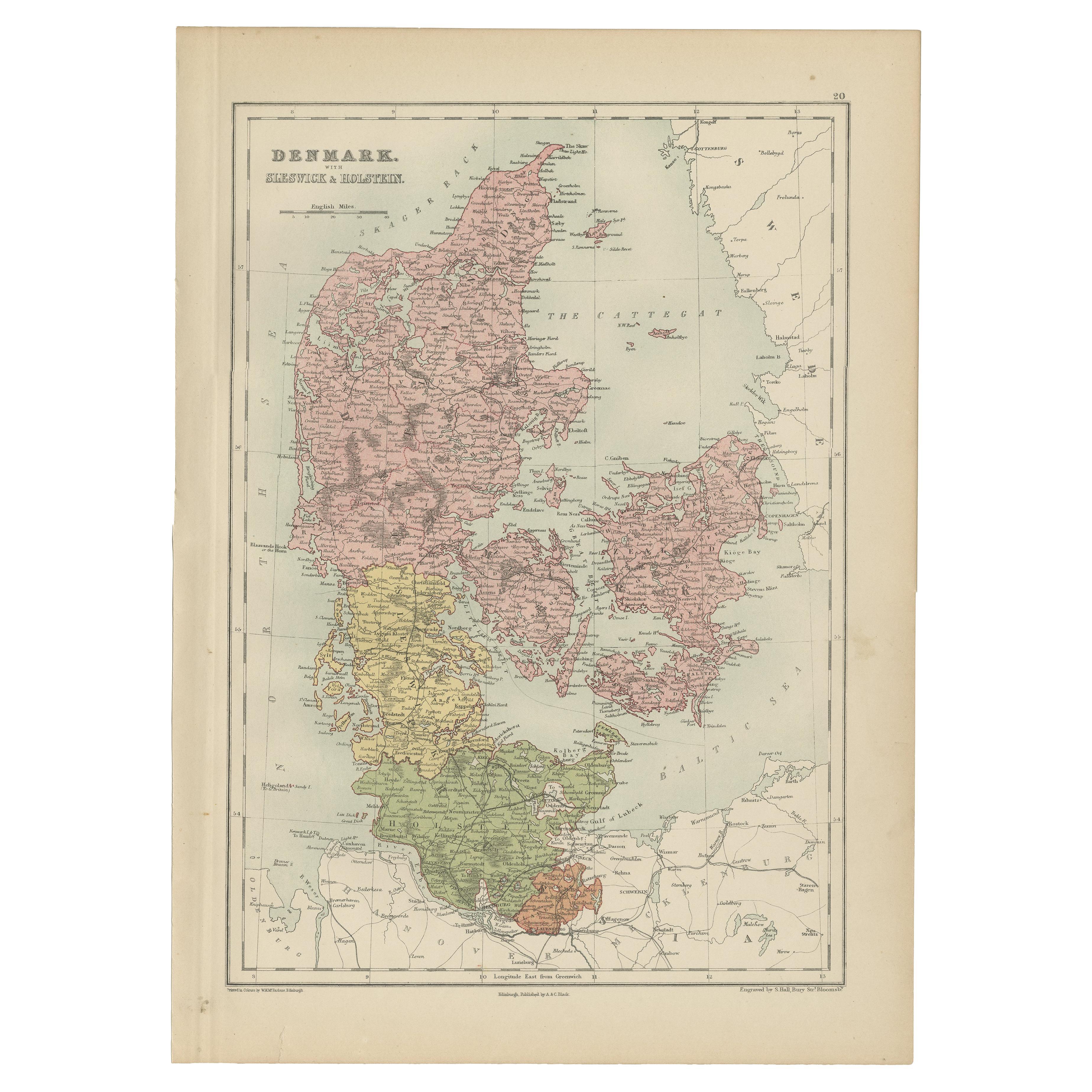 Antique Map of Denmark with Schleswig & Holstein by A & C. Black, 1870 For Sale