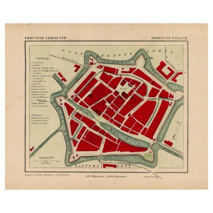 Carte ancienne de Dokkum, une ville située au nord du Friesland, aux Pays-Bas, 1868