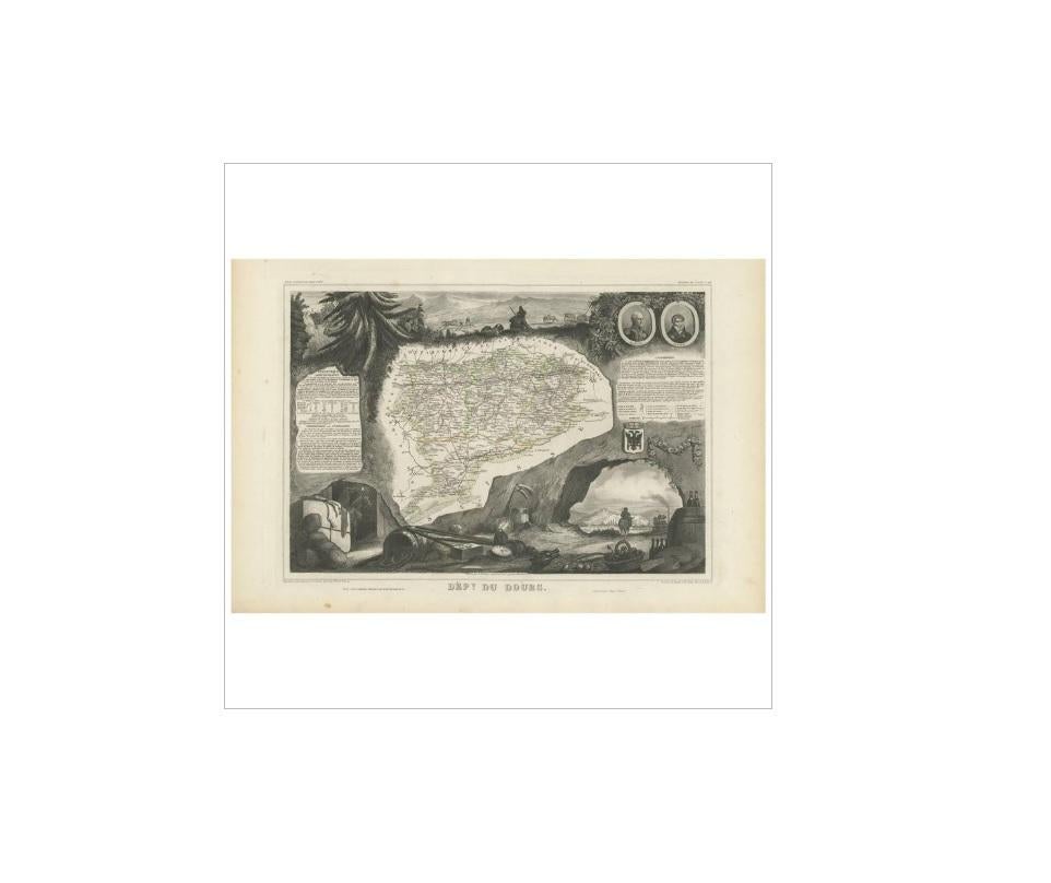 Antique map titled 'Dépt. du Doubs'. Map of the French department of Doubs, France. The whole is surrounded by elaborate decorative engravings designed to illustrate both the natural beauty and trade richness of the land. There is a short textual