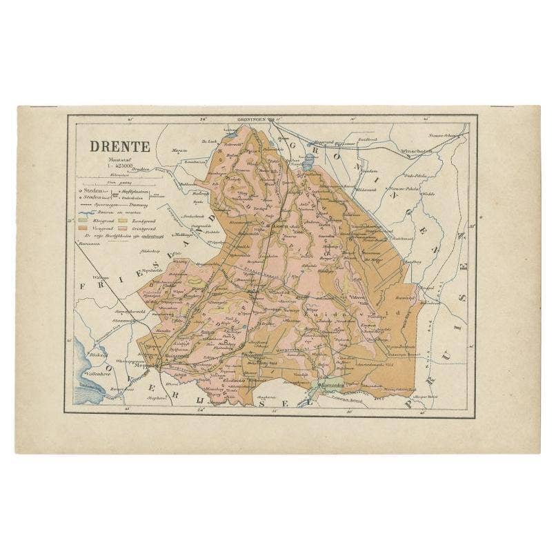 Antique Map of Drenthe, Province in the Netherlands, 1883