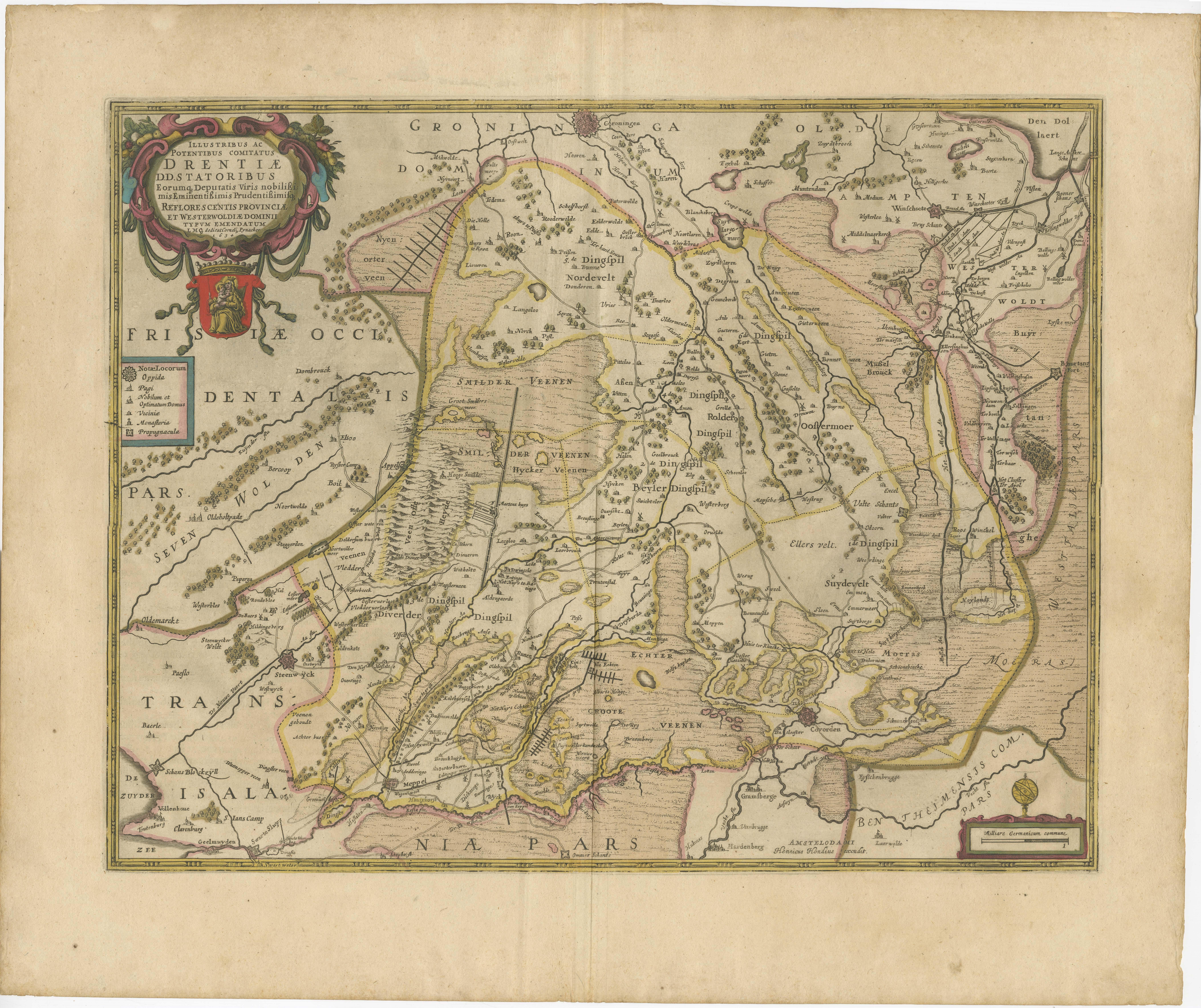 Original antique map titled 'Illustribus ac Potentibus Comitatus Drentiae (..)'. Old map of the province of Drenthe, the Netherlands. Published by H. Hondius circa 1639. 

Hendrik Hondius was a Flemish-born and trained engraver, cartographer, and