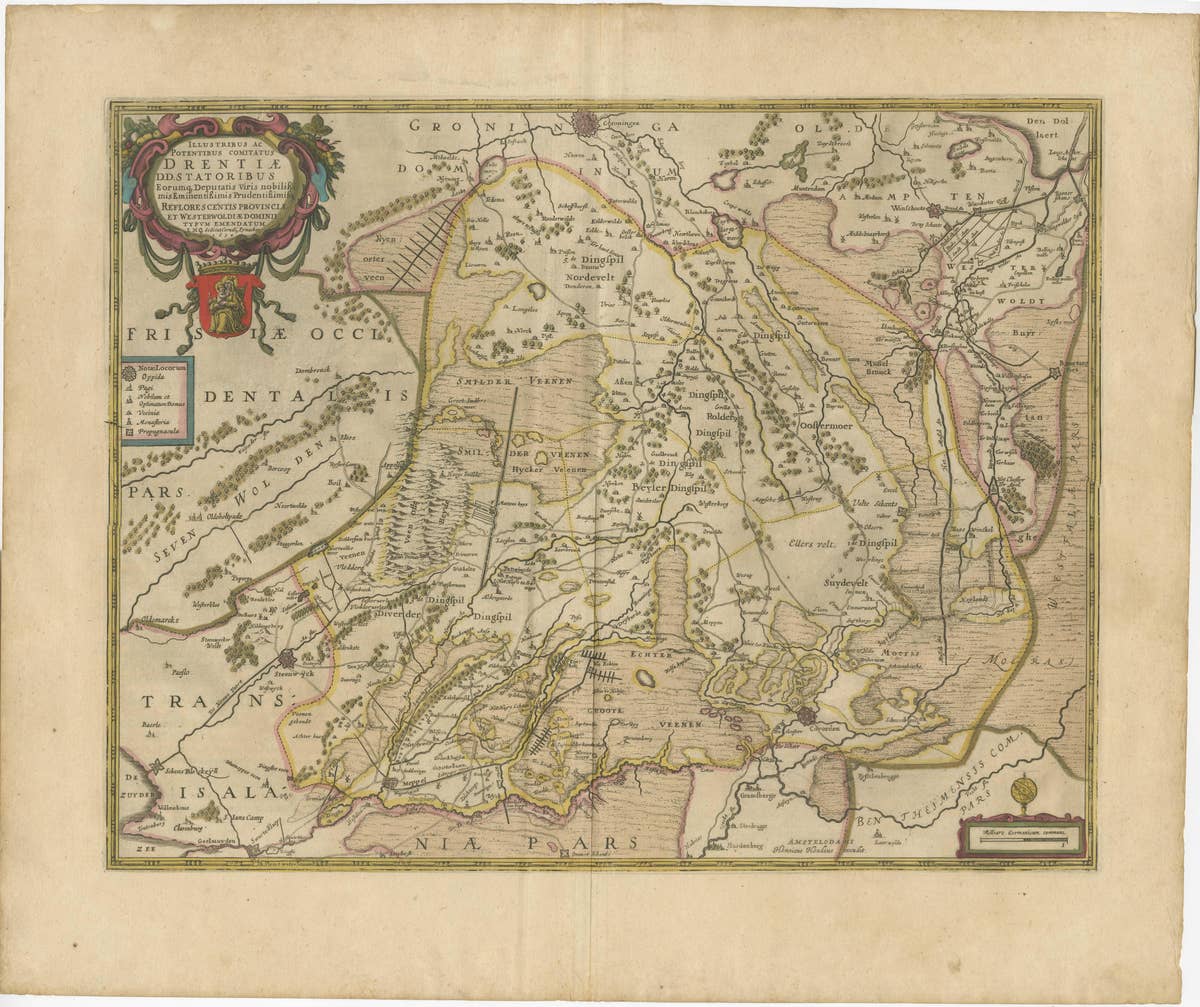 Antique Map of Drenthe, the Netherlands, with Original Hand Coloring