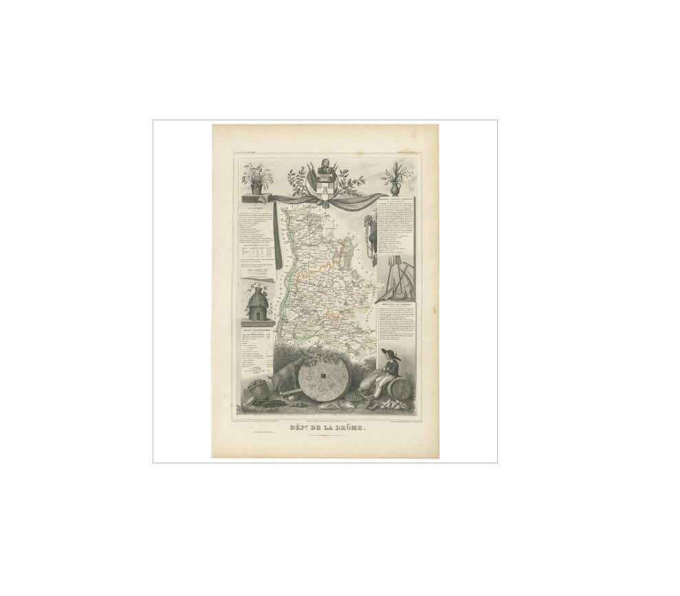 Antique map titled 'Dépt. de la Drôme'. Map of the French department of Drome, France. This area is known for its production of Picodon, a spicy goats-milk cheese. The whole is surrounded by elaborate decorative engravings designed to illustrate