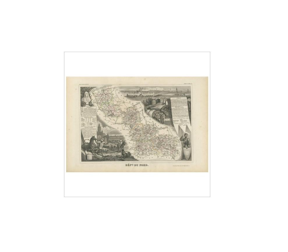 Antique map titled 'Dépt. du Nord'. Map of the French department of Nord, France. This area is known for its production of Maroilles, a cow's milk cheese. This cheese is produced in rectangular blocks with a moist orange-red washed rind and a