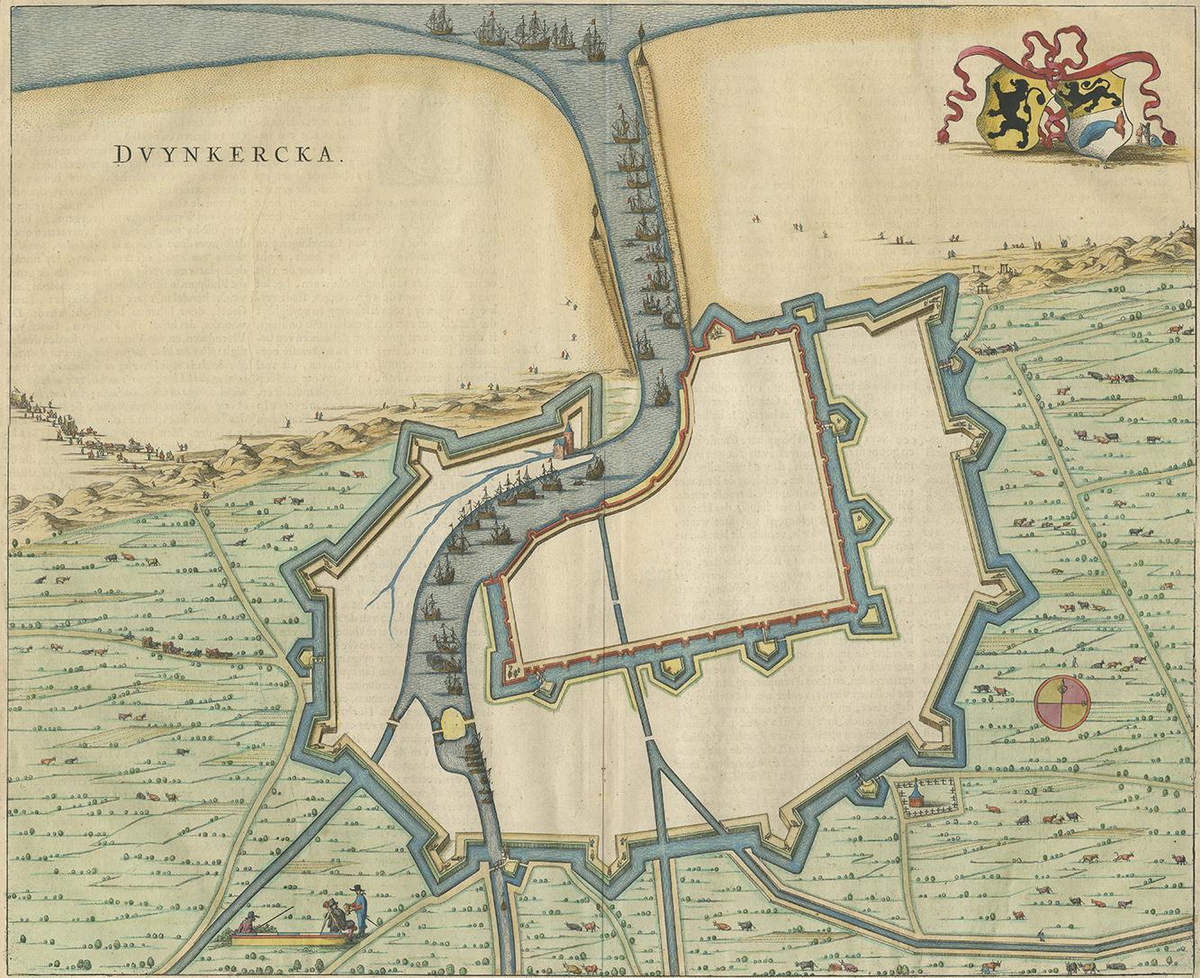 Antique map titled 'Duynkercka'. Published by J. Blaeu, 1649. Dutch text on verso.