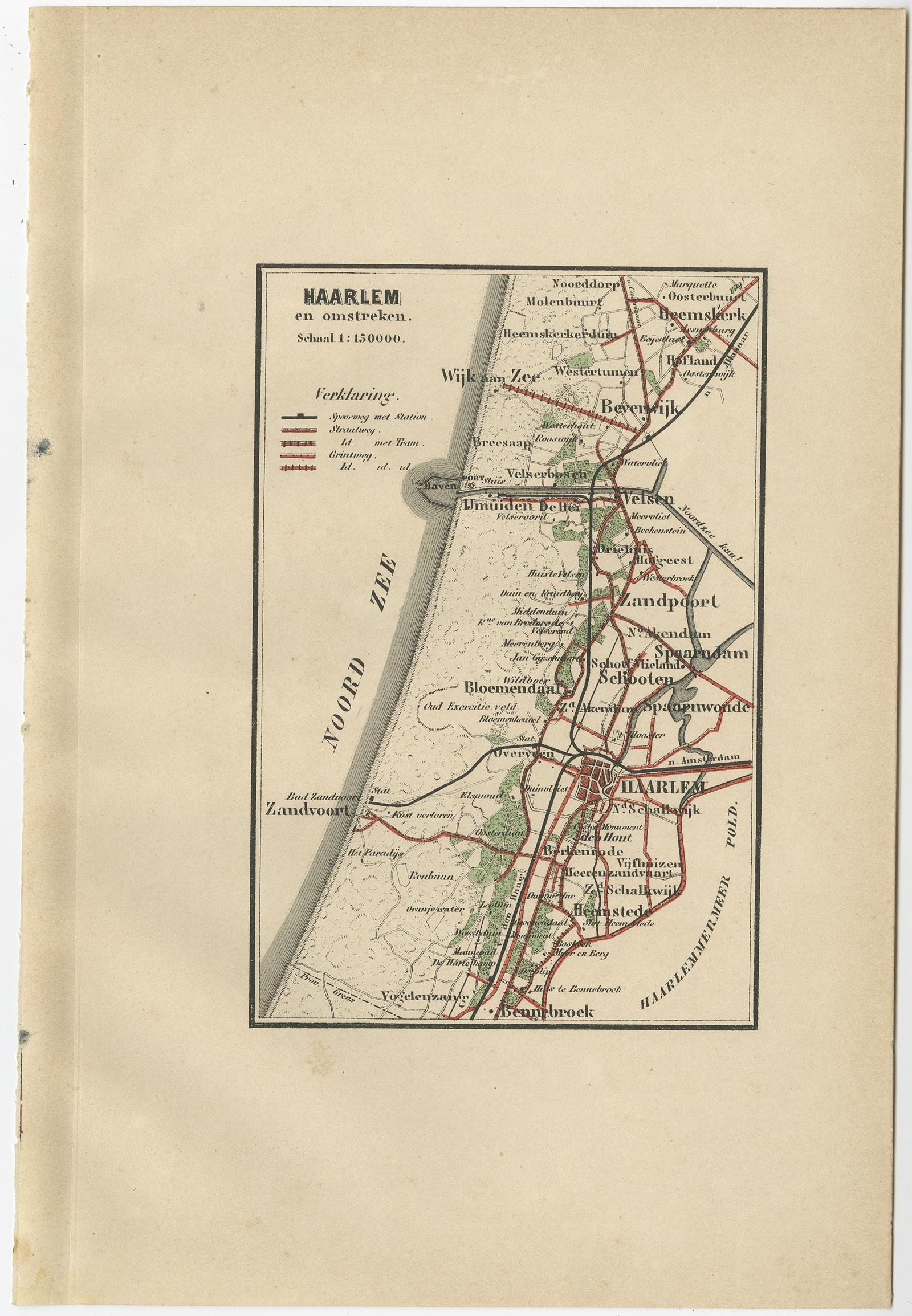 Antique map titled 'Haarlem en Omstreken'. Old map of the region of Haarlem also including cities and villages like Wijk aan Zee, Beverwijk, Bloemendaal and Zandvoort. This map orginates from 'Atlas behoorende bij Wandelingen door Nederland met Pen