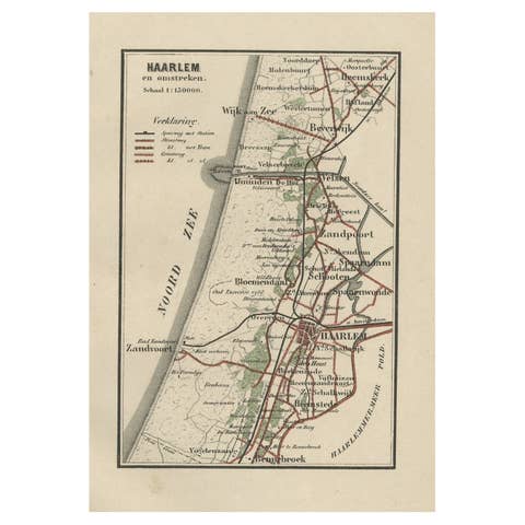 Antique Map of Dutch Cities Haarlem, Zandvoort, Bloemendaal, Wijk aan Zee, 1884