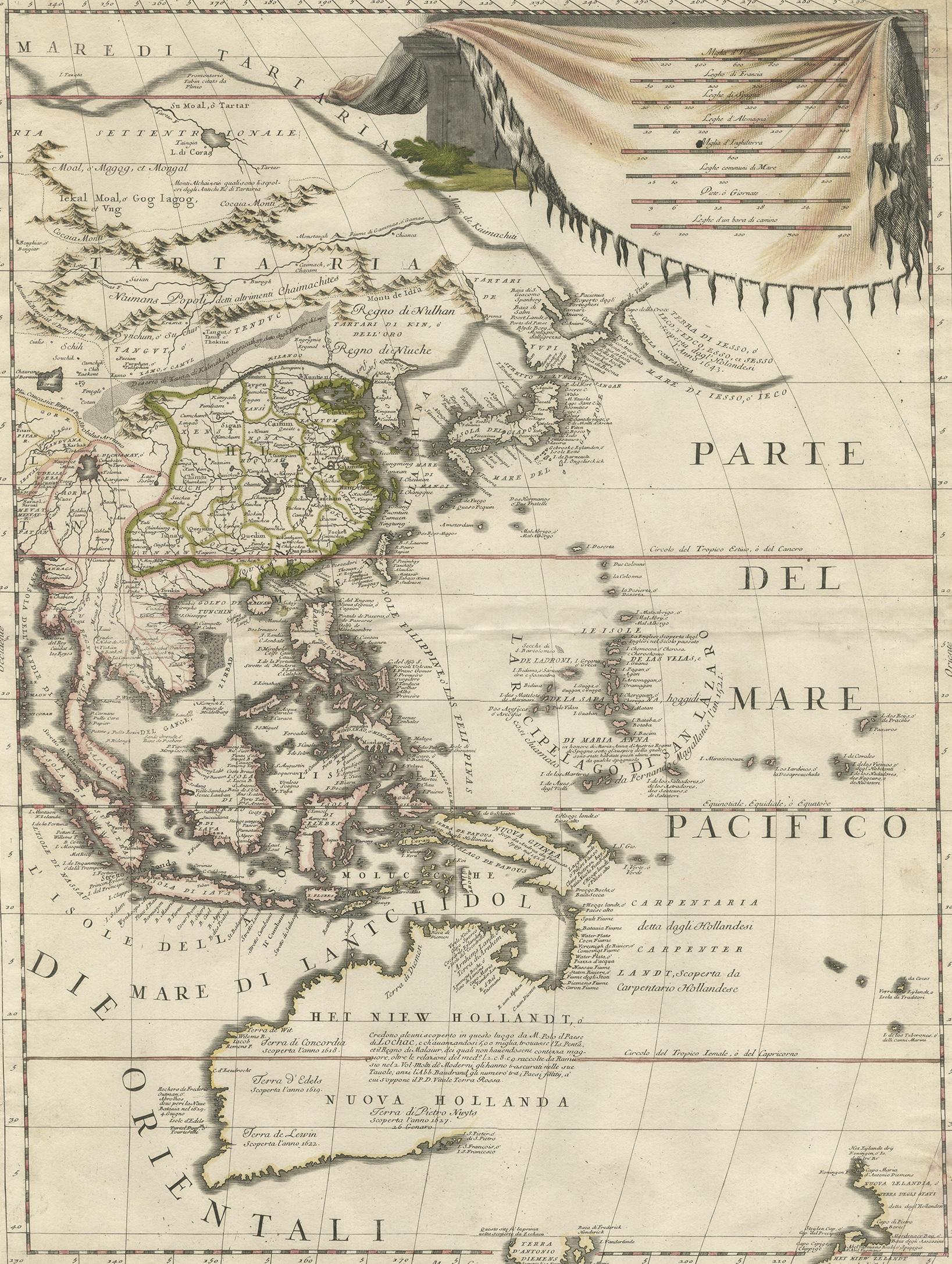 Carte ancienne de l'Asie de l'Est montrant la Nouvelle Hollande et des parties de la Terre de Van Diemens et de la Nouvelle Zélande. Cette carte est la partie droite d'une carte à deux feuilles, mais elle est complète en soi. Cette carte provient de