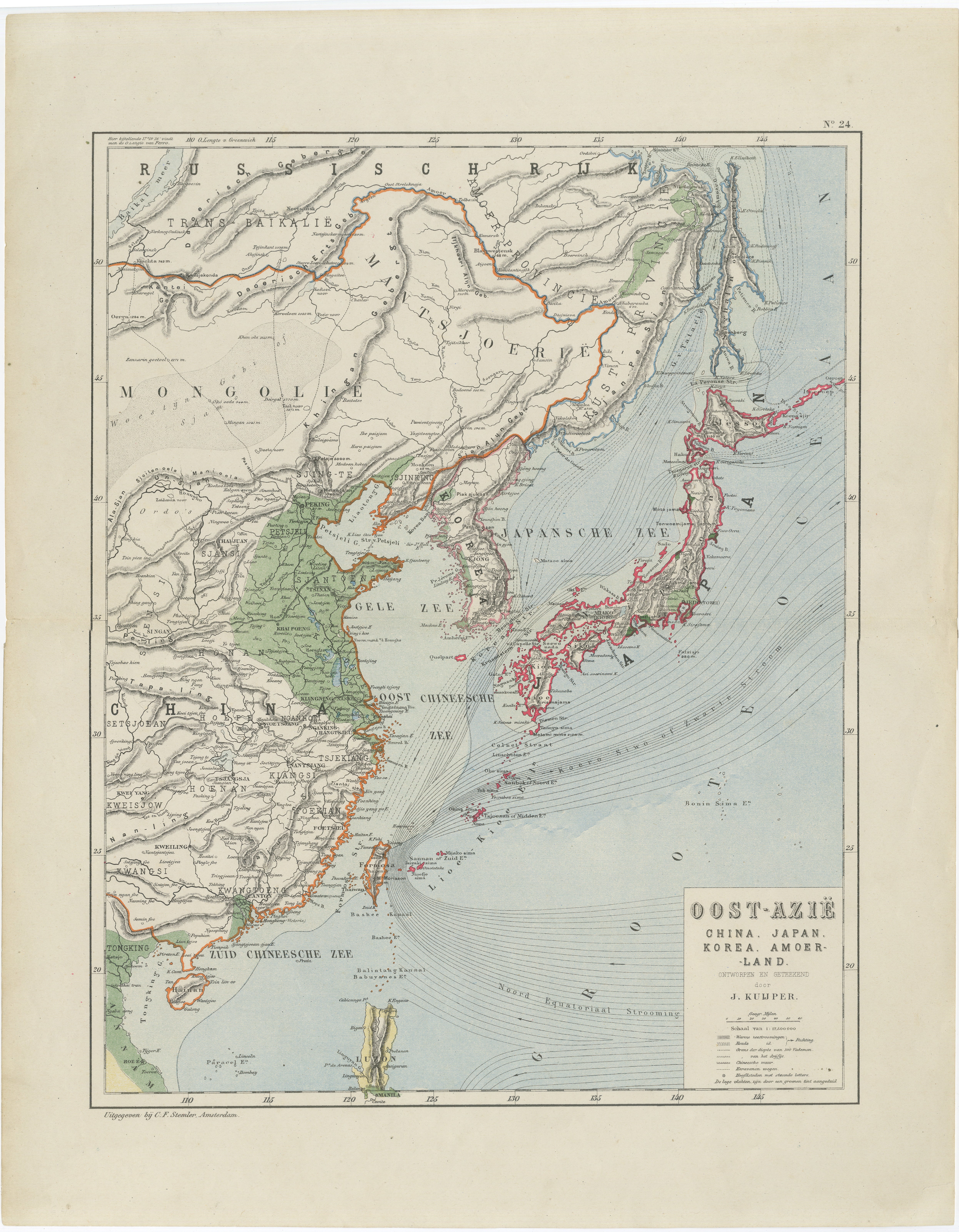 Mapa antiguo de Asia Oriental, Japón y Corea por J. Kuijper, hacia 1860