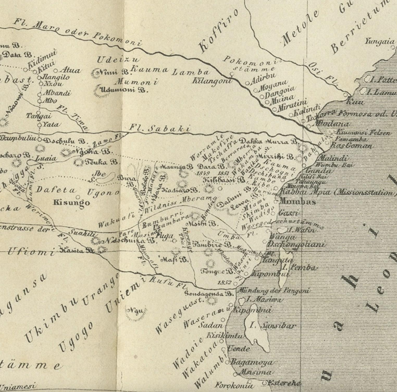 Original antique map of Eastern Africa. This map originates from 'Reisen in Ost-Afrika, ausgeführt in dem Jahren 1837-55' by J.L. Krapf. Published 1858. 

Artists and Engravers: Johann Ludwig Krapf (11 January 1810 – 26 November 1881) was a German