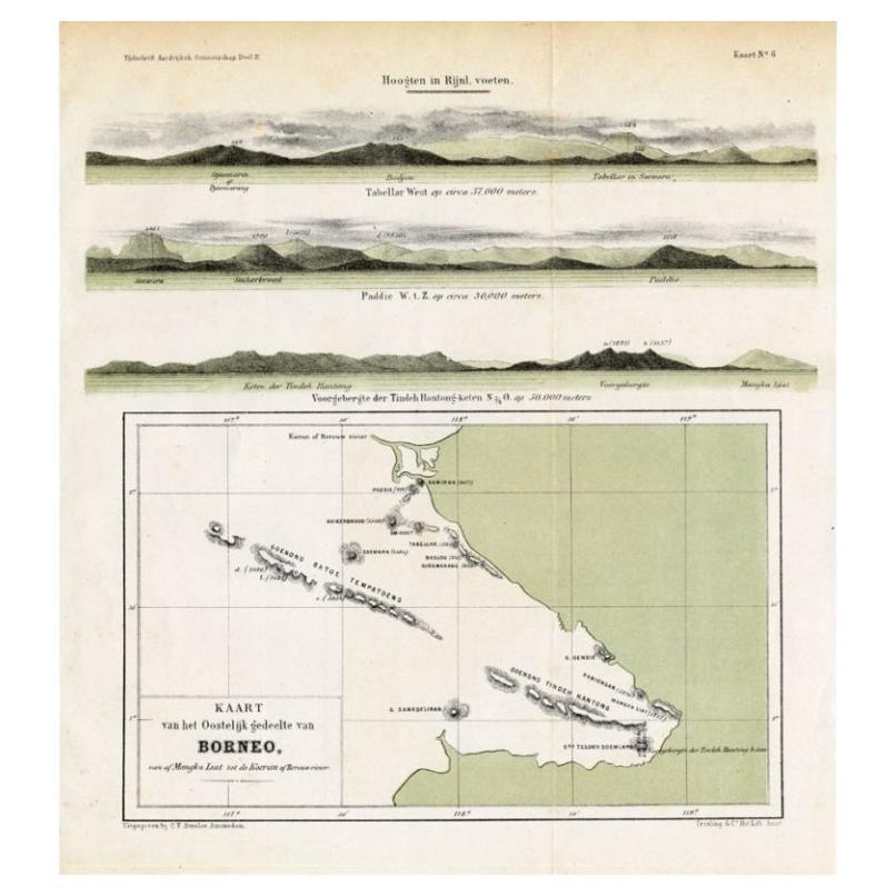Antique Map of Eastern Borneo, Indonesia with Views of Mountain Ranges, c.1875