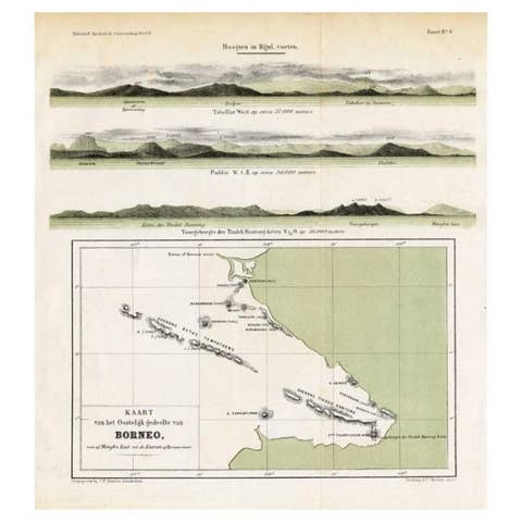 Antique Map of Eastern Borneo, Indonesia with Views of Mountain Ranges, c.1875