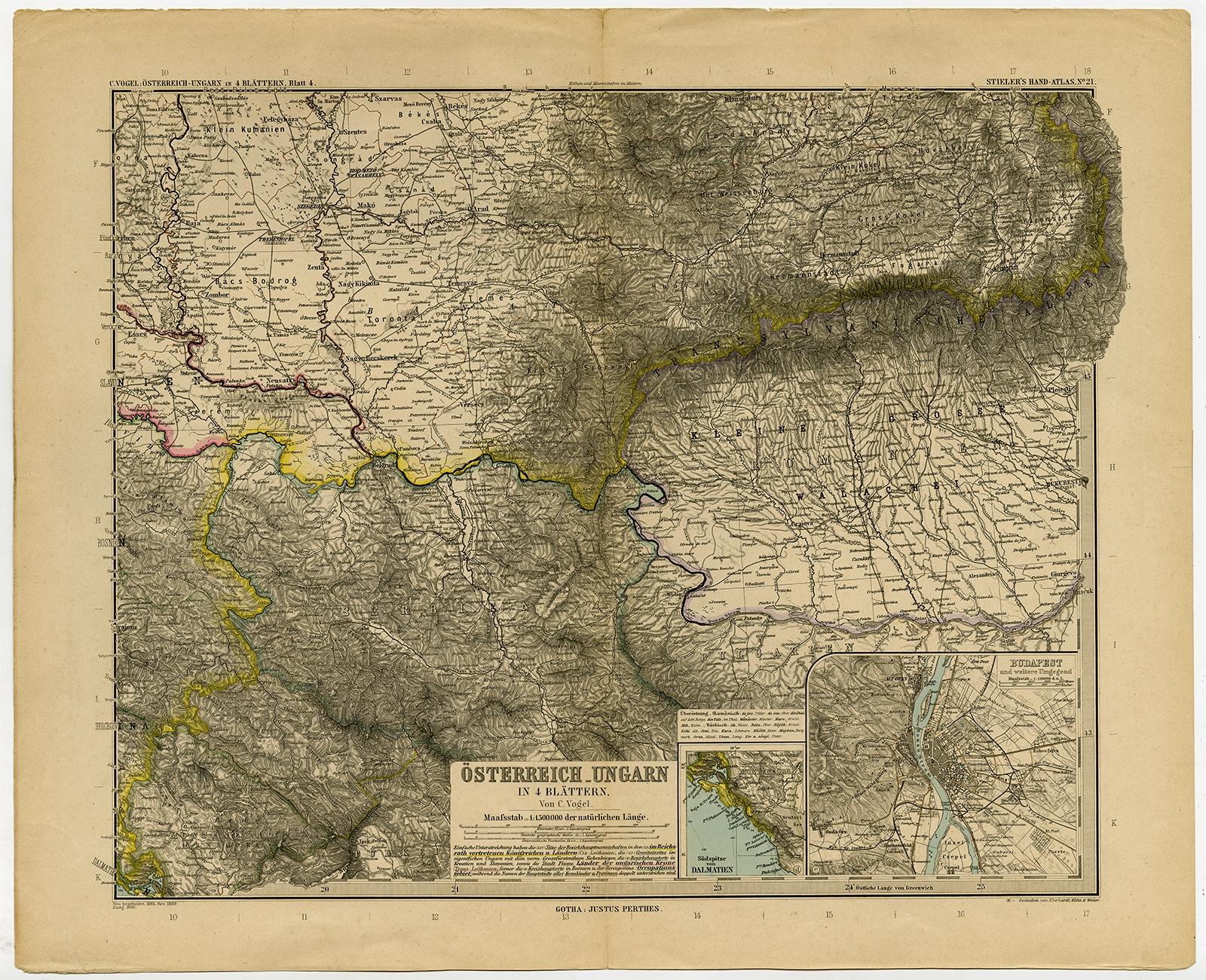 Antique map titled 'Osterreich-Ungarn in 4 Blattern, Blatt 4.' 

Map of Eastern Europe, with Montenegro in the lower left corner, the southern edge of Hungary (area Baja and Szeged) and Serbia and Bulgaria. With a small inset map of Budapest and
