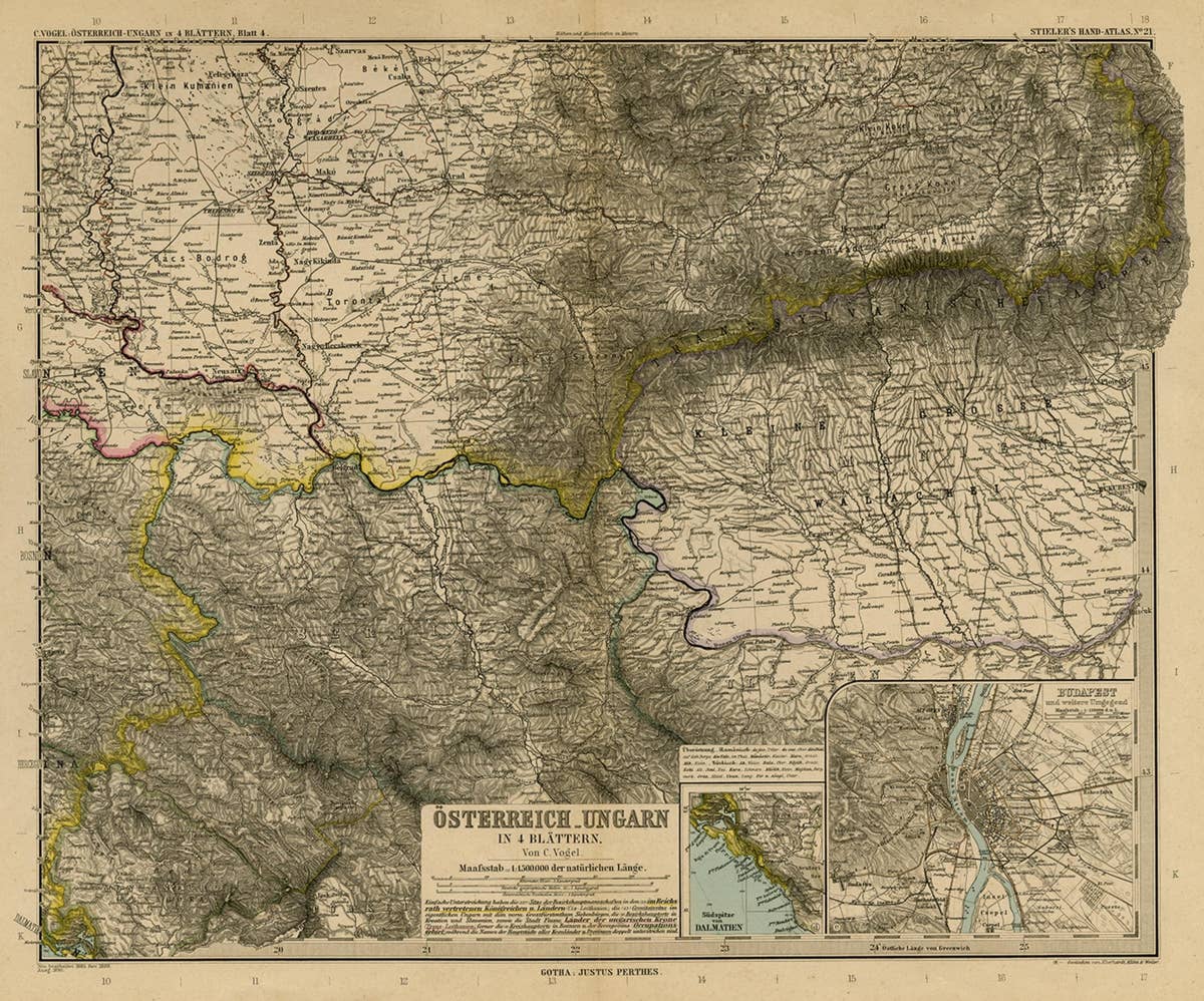 Antique Map of Eastern Europe, Incl Montenegro & Serbia & a Budapest Map, 1890