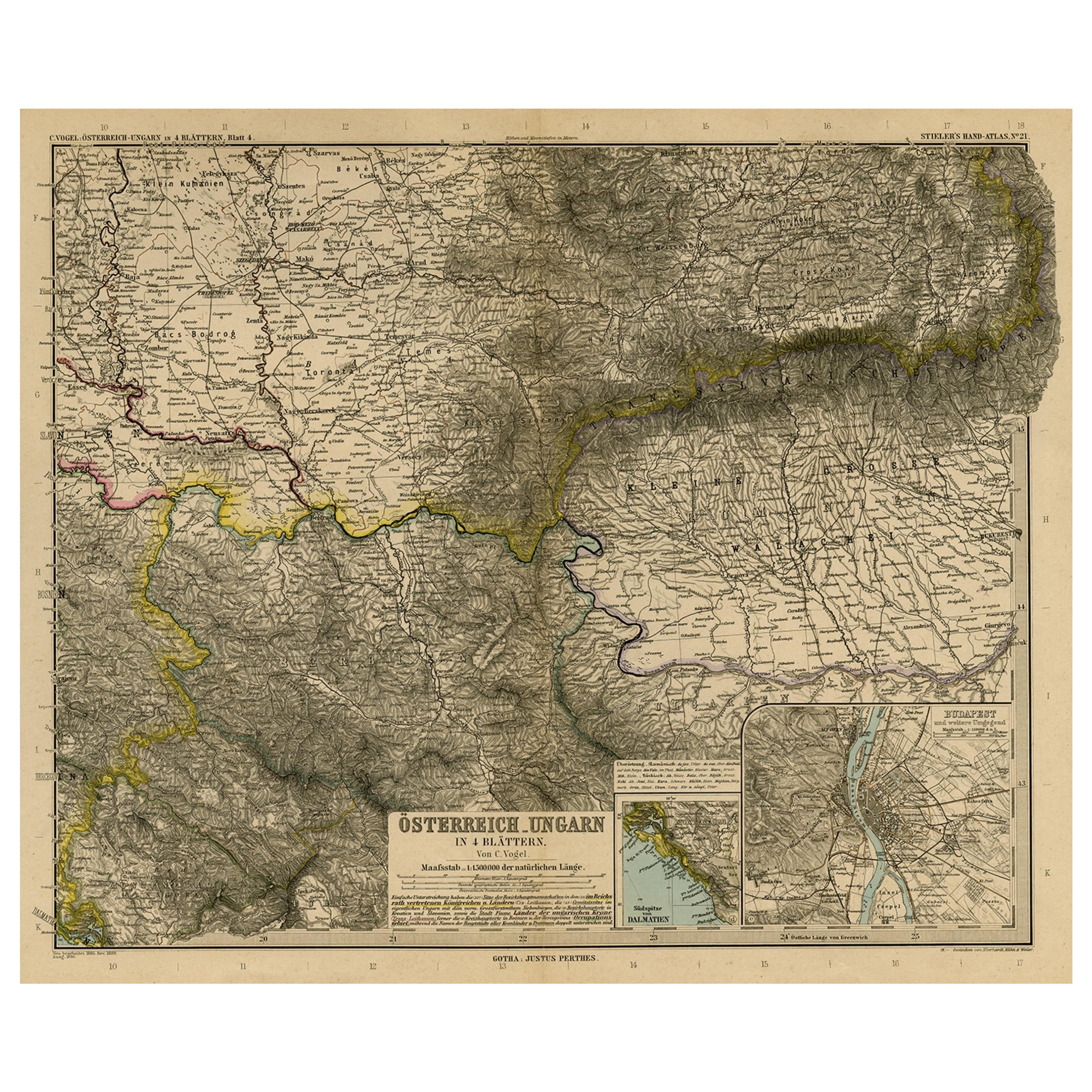 Mapa antiguo de Europa del Este, incluye Montenegro y Serbia y un mapa de Budapest, 1890