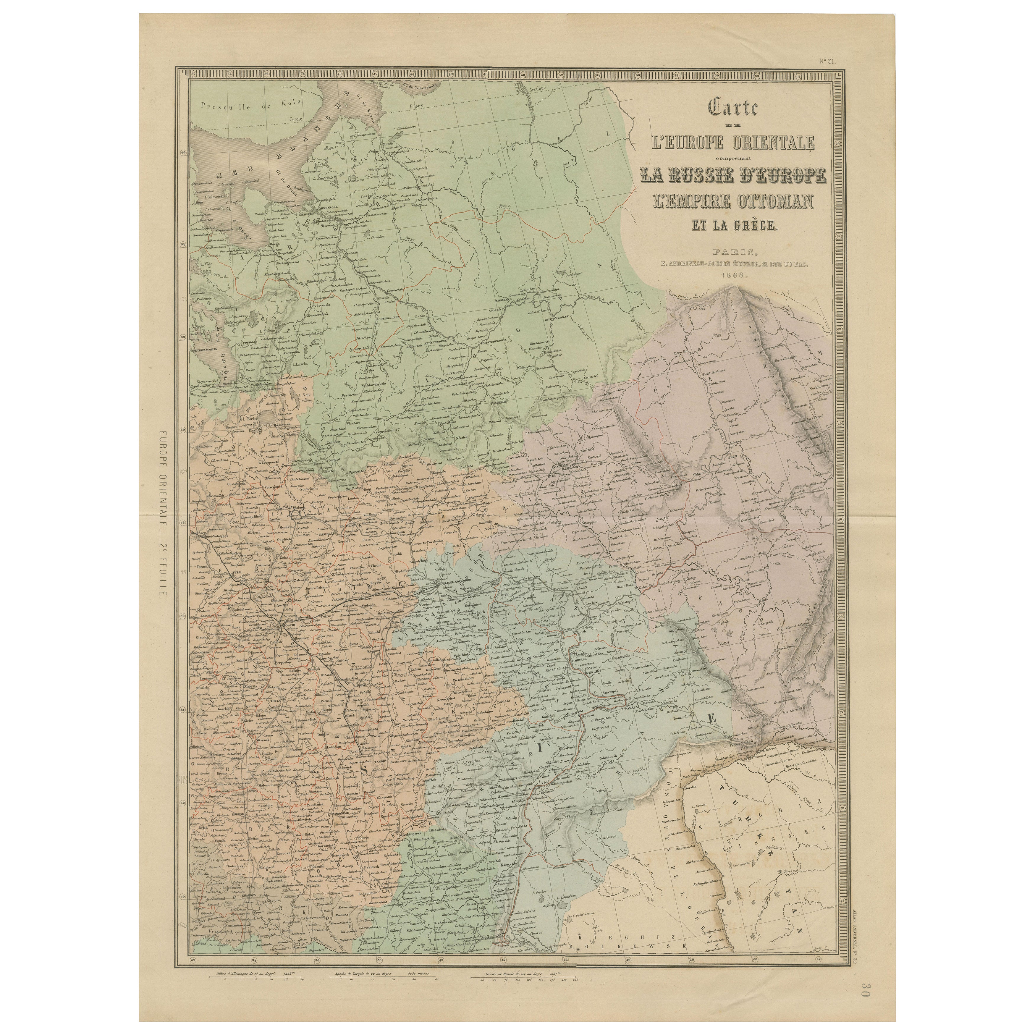 Antique Map of Eastern Europe – Russia, Ottoman Empire & Greece, 1868