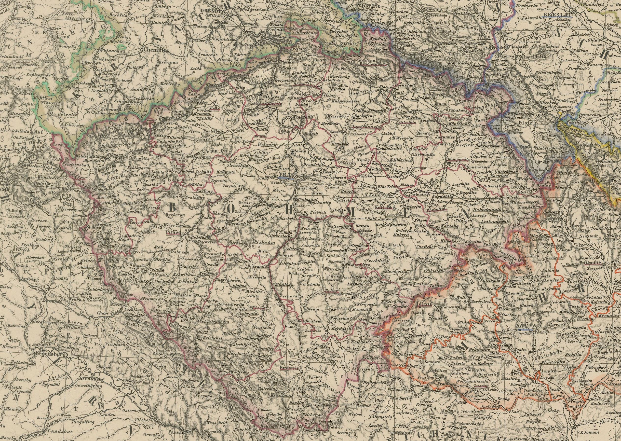 Mapa antiguo de Alemania Oriental, Bohemia, Moravia y Silesia - 1858 en Bueno estado para la venta en Langweer, NL