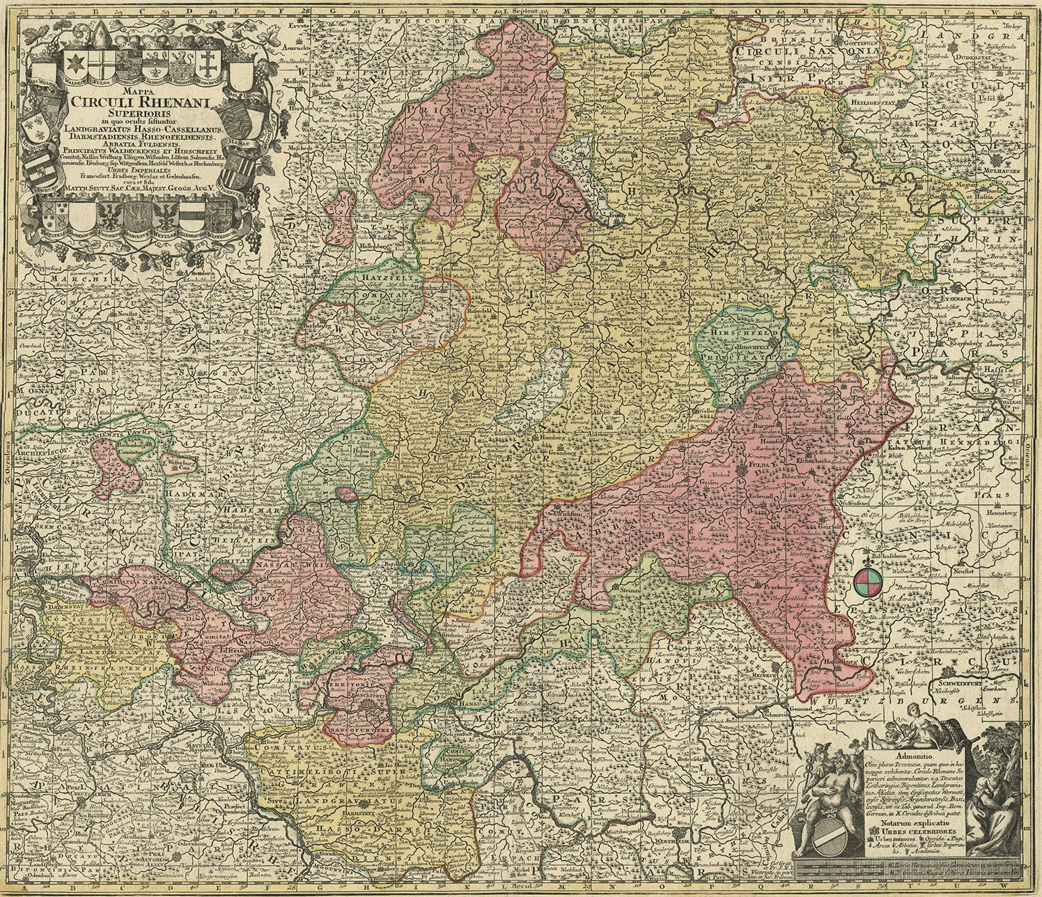 Antique map titled 'Mappa Circuli Rhenani Superioris (..). Original map with hand coloring of part of Germany. It includes the region of Kassel, Göttingen, Eisenach, Schweinfurt, Wertheim, Darmstadt, Frankfurt, Mainz, Koblenz. Includes decorative