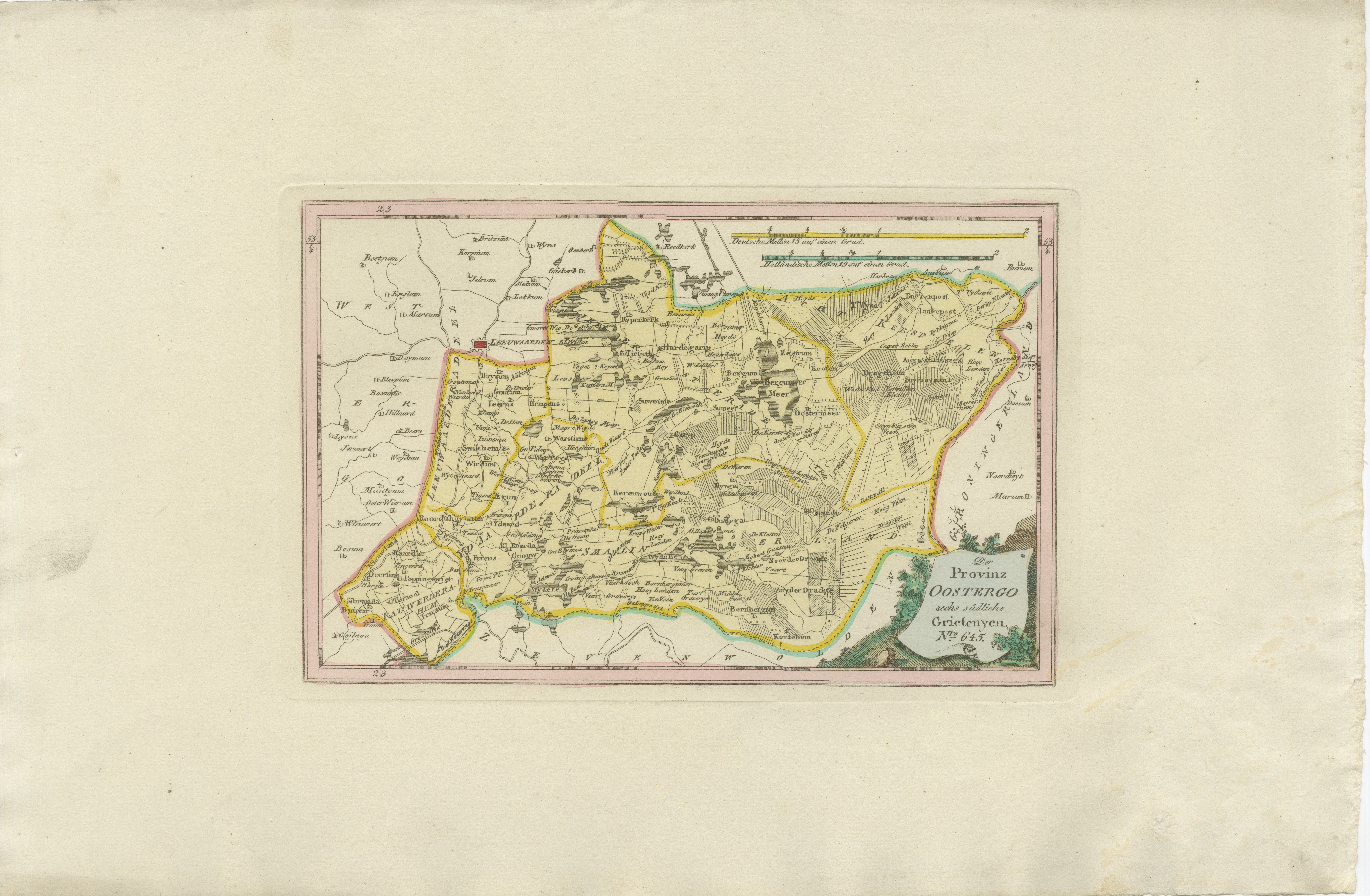 Carte ancienne de l'Oostergo oriental, Frise par von Reilly, 1791

Carte gravée originale intitulée Der Provinz Oostergo sechs östliche Grietenyen No. 643, publiée à Vienne en 1791. Cette carte montre les districts orientaux d'Oostergo en Lande,