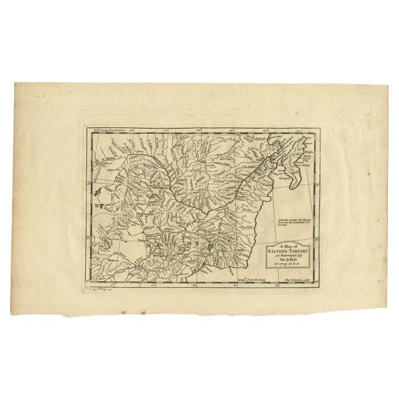 Carte ancienne intitulée 'A Map of Eastern Tartary as Surveyed by the Jesuits in 1709, 10 & 11'. La carte couvre une grande partie du cours du fleuve Amour ou Heilong Jiang, le dixième plus long fleuve du monde, qui forme aujourd'hui la frontière