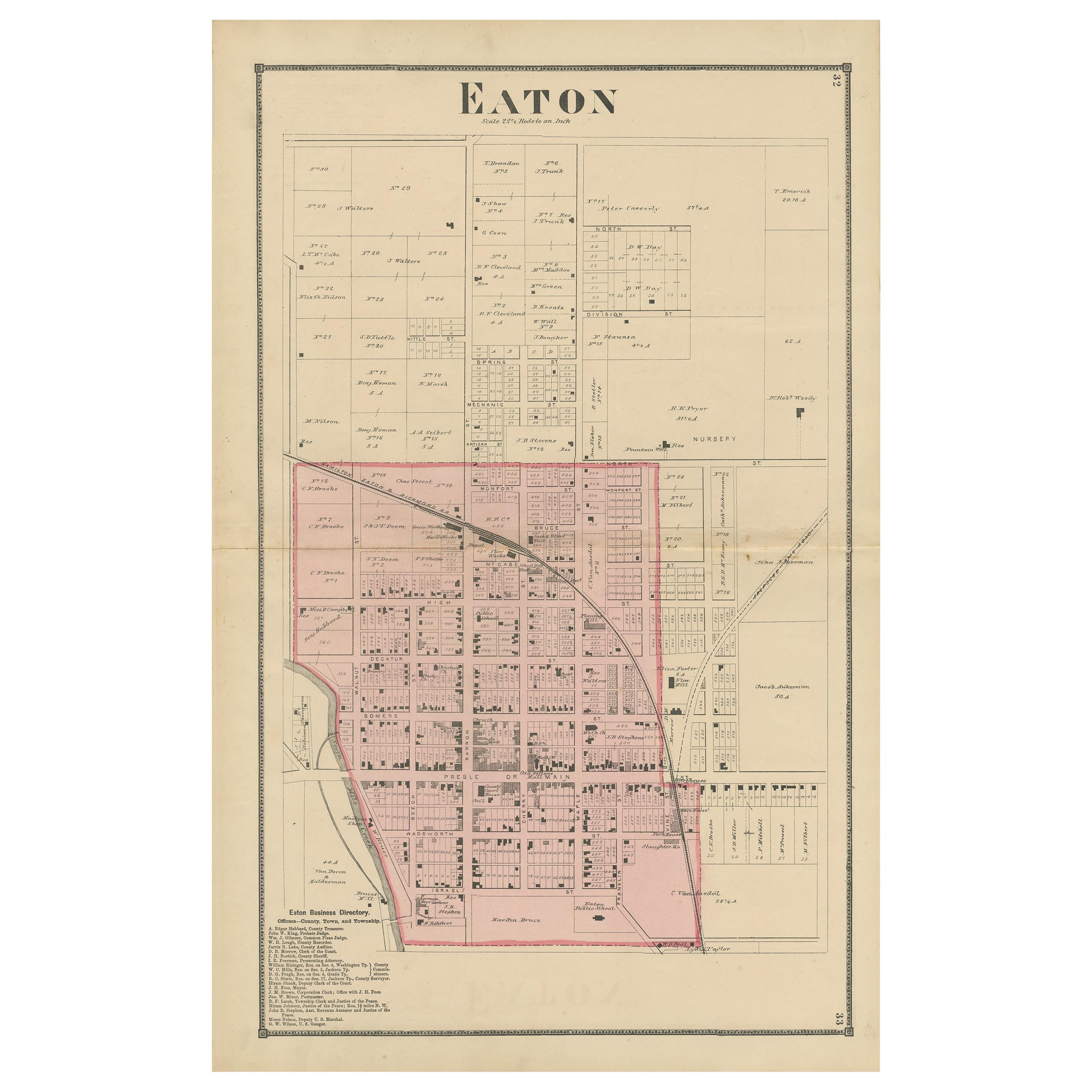 Antique Map of Eaton 'Ohio' by Titus, 1871 For Sale