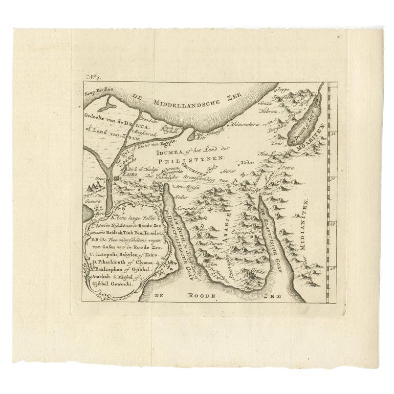 Antique print titled 'Idumea, of thet Land der Philistynen'. Old map of Edom, an ancient kingdom in Transjordan located between Moab to the northeast, the Arabah to the west and the Arabian Desert to the south and east. Originates from the first