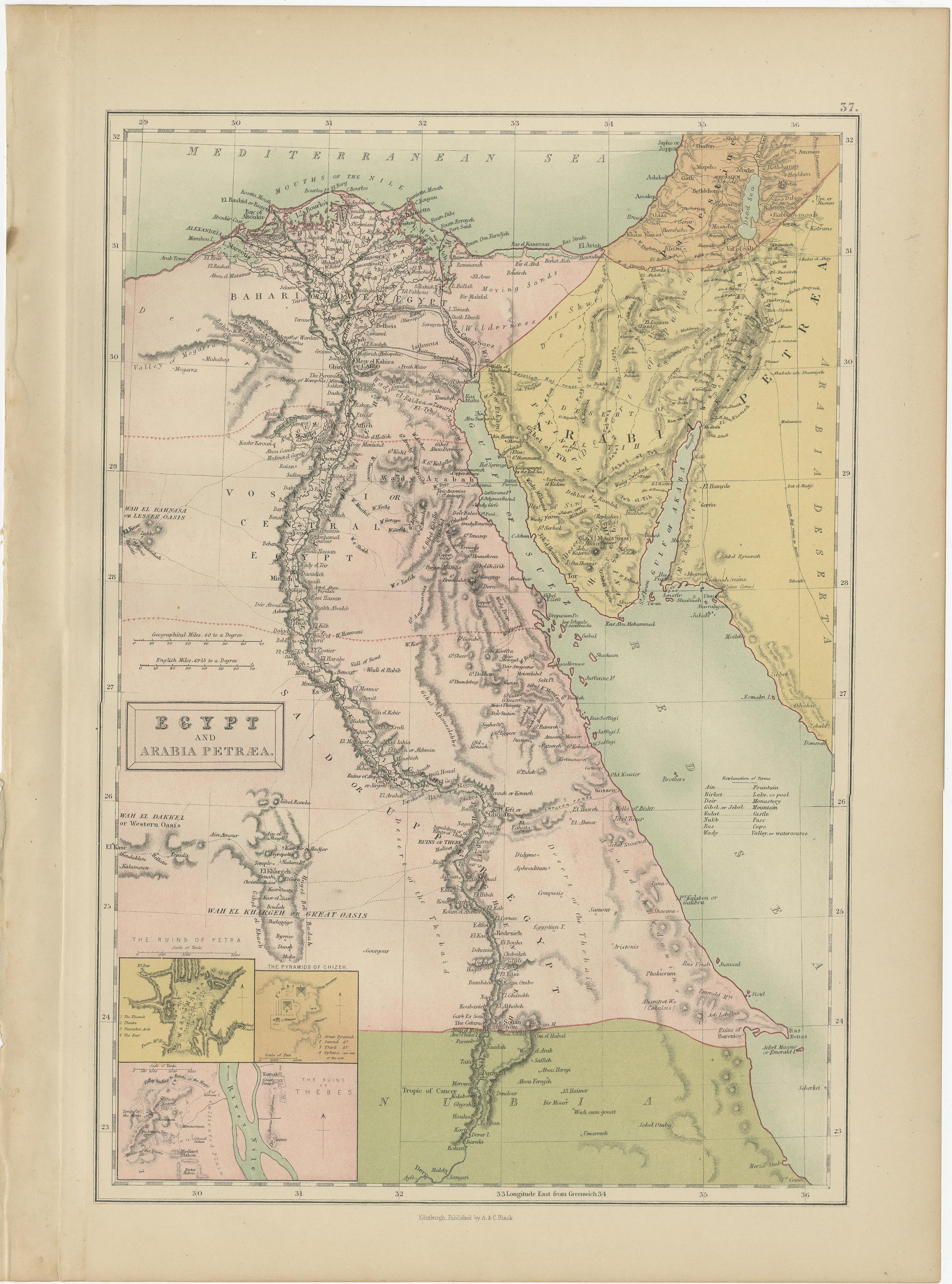 Antique map titled 'Egypt and Arabia Petraea'. Original antique map of Egypt and Arabia Petraea. This map originates from ‘Black's General Atlas of The World’. Published by A & C. Black, 1870.