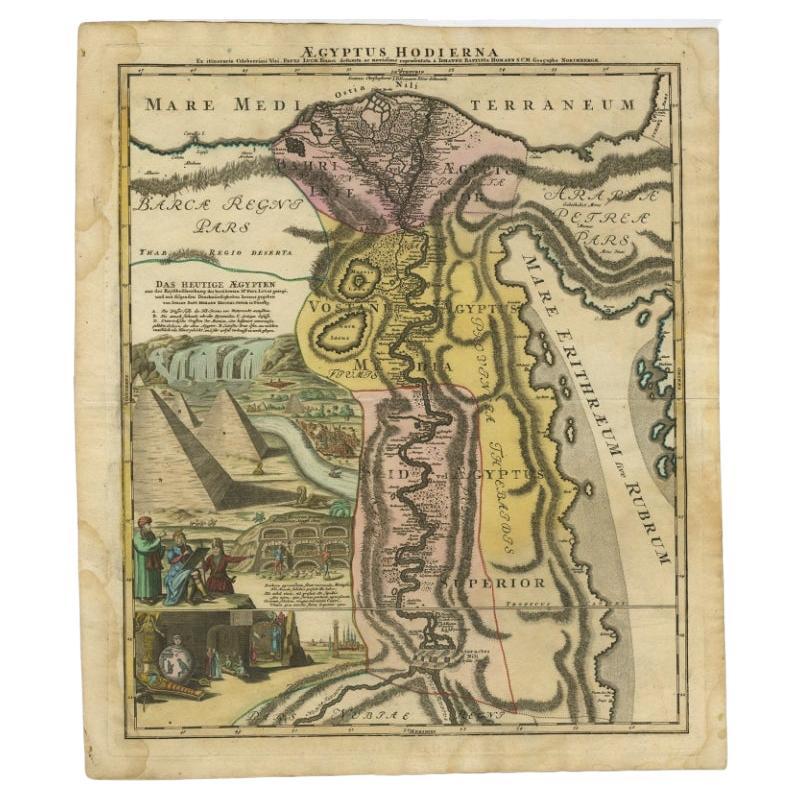 Antique map titled 'Aegyptus Hodierna Ex itinerario Celeberrimi (..)'. Original antique map of Egypt, focused on the Nile River Valley from the Mediterranean to below the First Cataract at the confluence of the White and Blue Nile. Nearly a third of