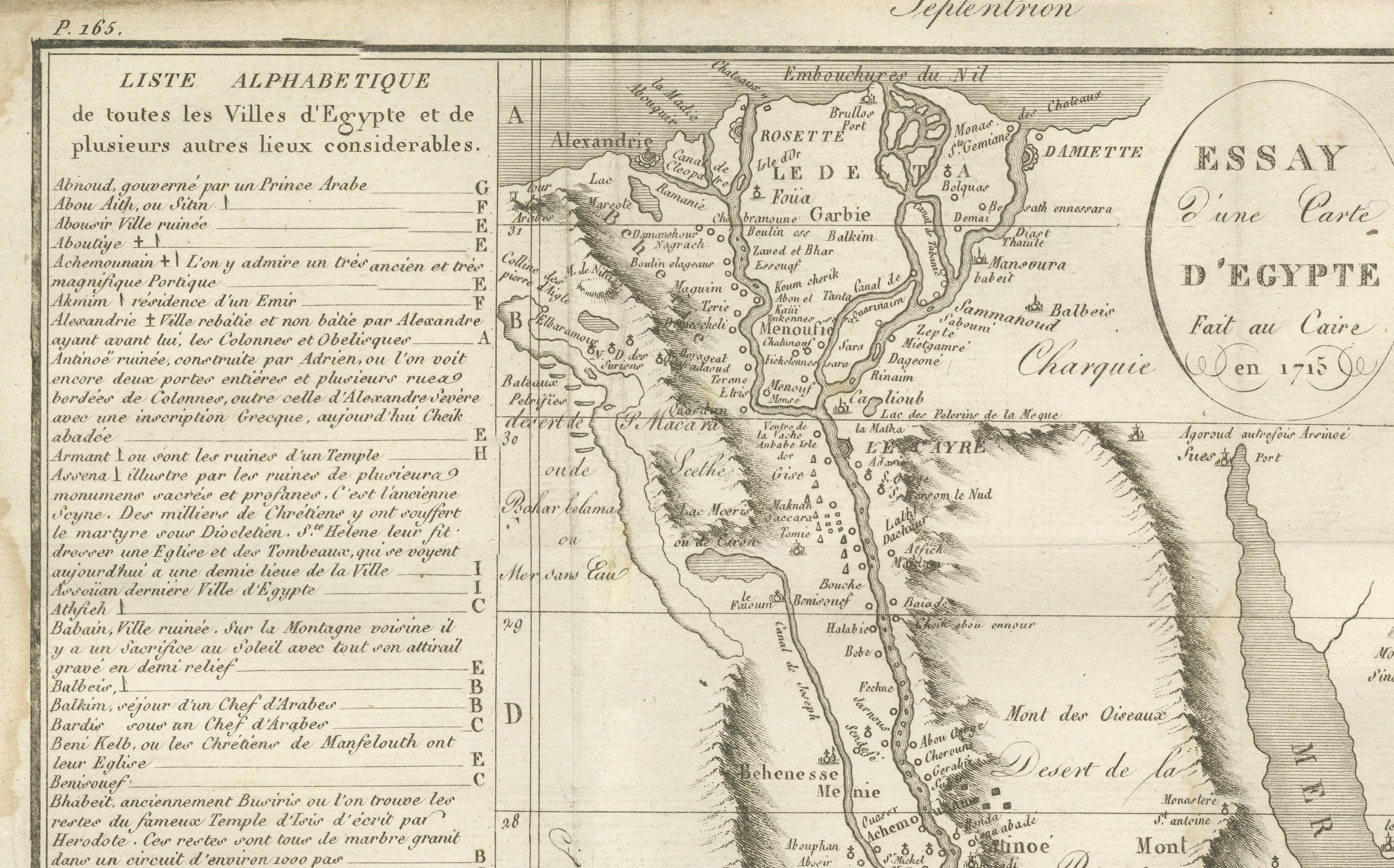 Francese Carta geografica antica dell'Egitto e della Valle del Nilo con indice delle città, 1715 in vendita