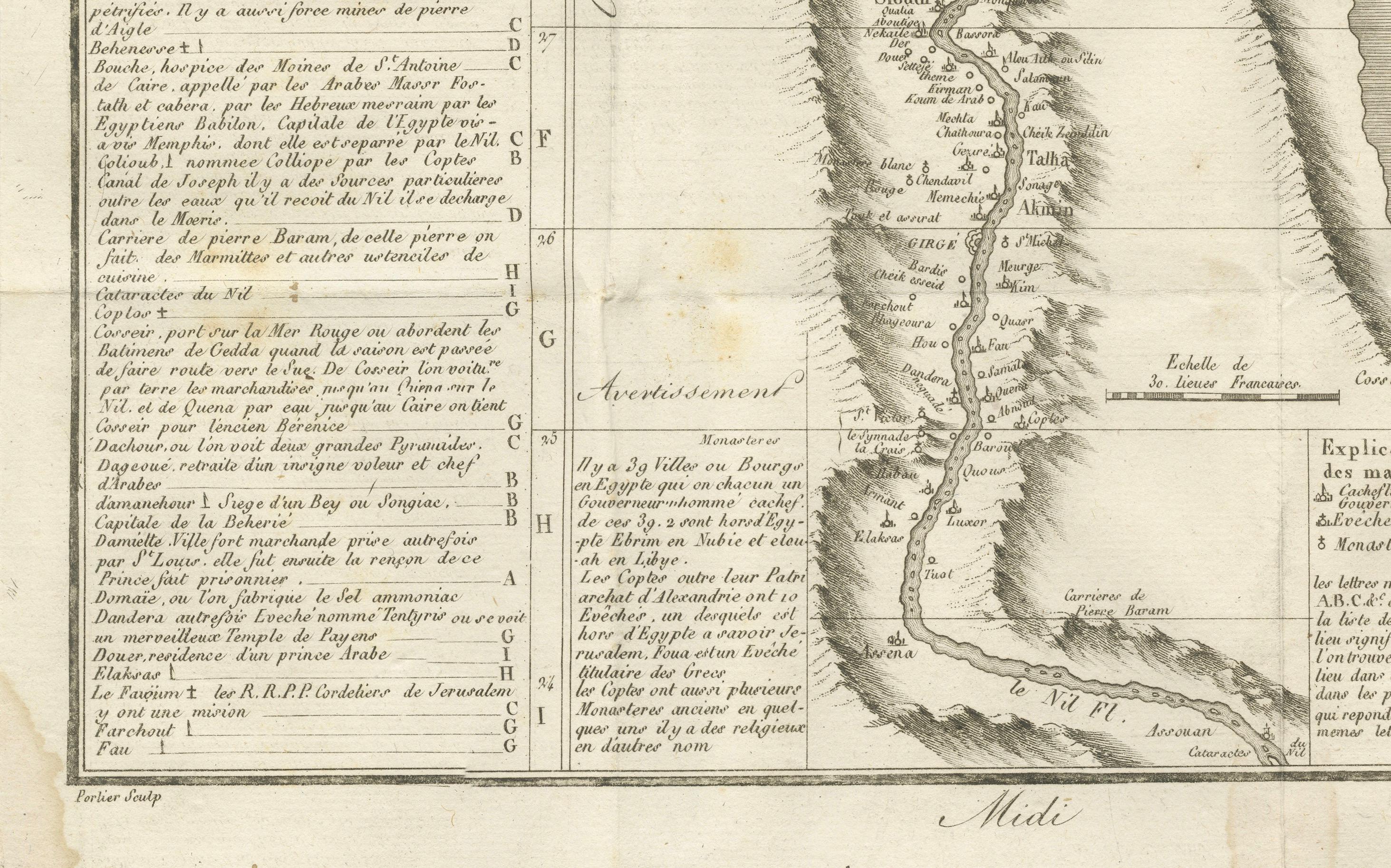 Inciso Carta geografica antica dell'Egitto e della Valle del Nilo con indice delle città, 1715 in vendita